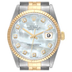 Rolex Datejust Steel Yellow Gold Mother of Pearl Diamond Dial Mens 