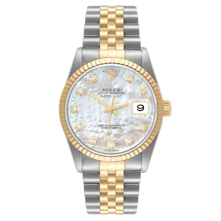Rolex Datejust Stahl Gelbgold Perlmutt Diamant-Zifferblatt Herrenuhr 16233. Offiziell zertifiziertes Chronometerwerk mit automatischem Aufzug. Gehäuse aus Edelstahl mit einem Durchmesser von 36 mm. Rolex-Logo auf einer Krone aus 18 Karat Gelbgold.