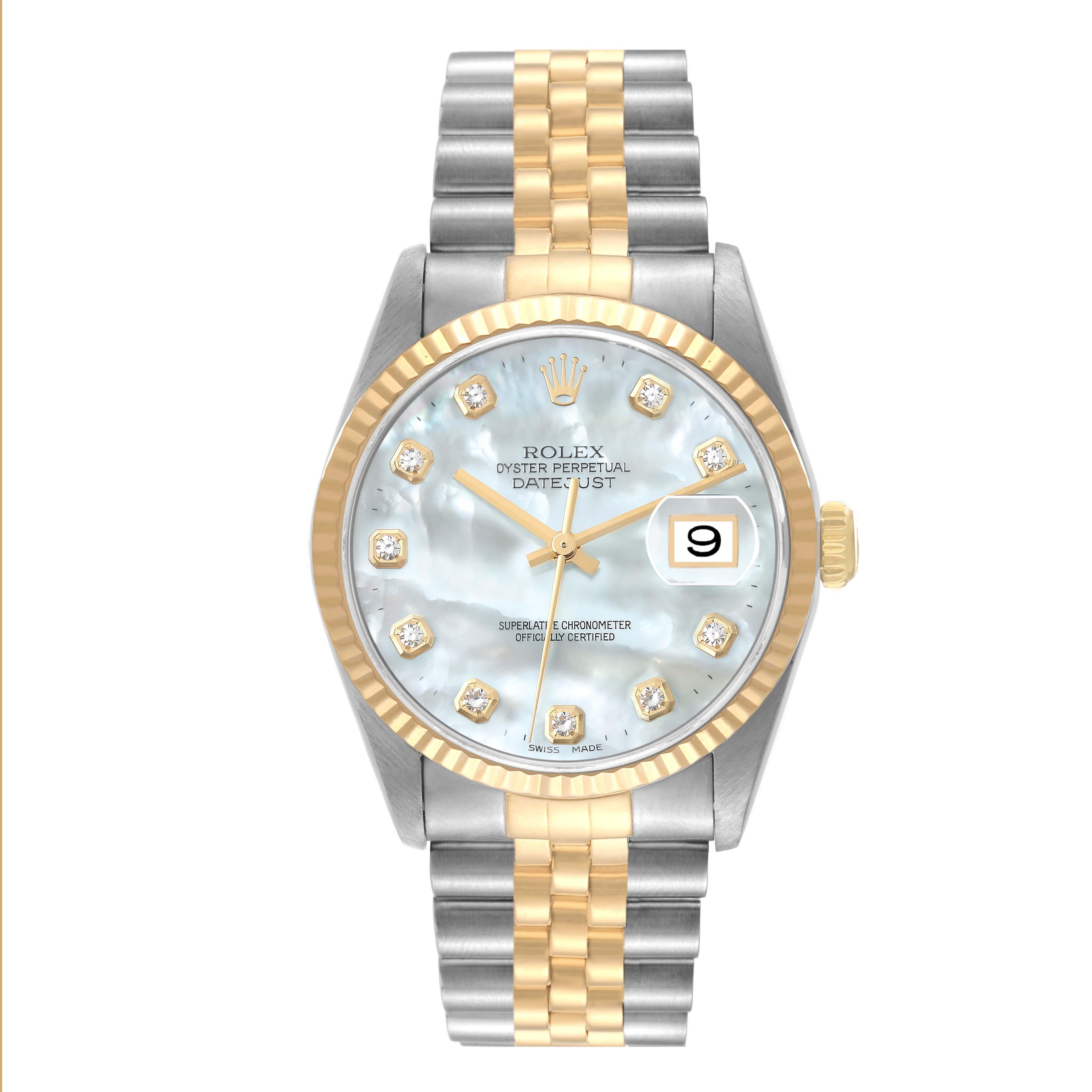 Rolex Datejust Steel Yellow Gold Mother of Pearl Diamond Dial Mens Watch 16233. Officially certified chronometer automatic self-winding movement. Stainless steel case 36 mm in diameter.  Rolex logo on an 18K yellow gold crown. 18k yellow gold fluted