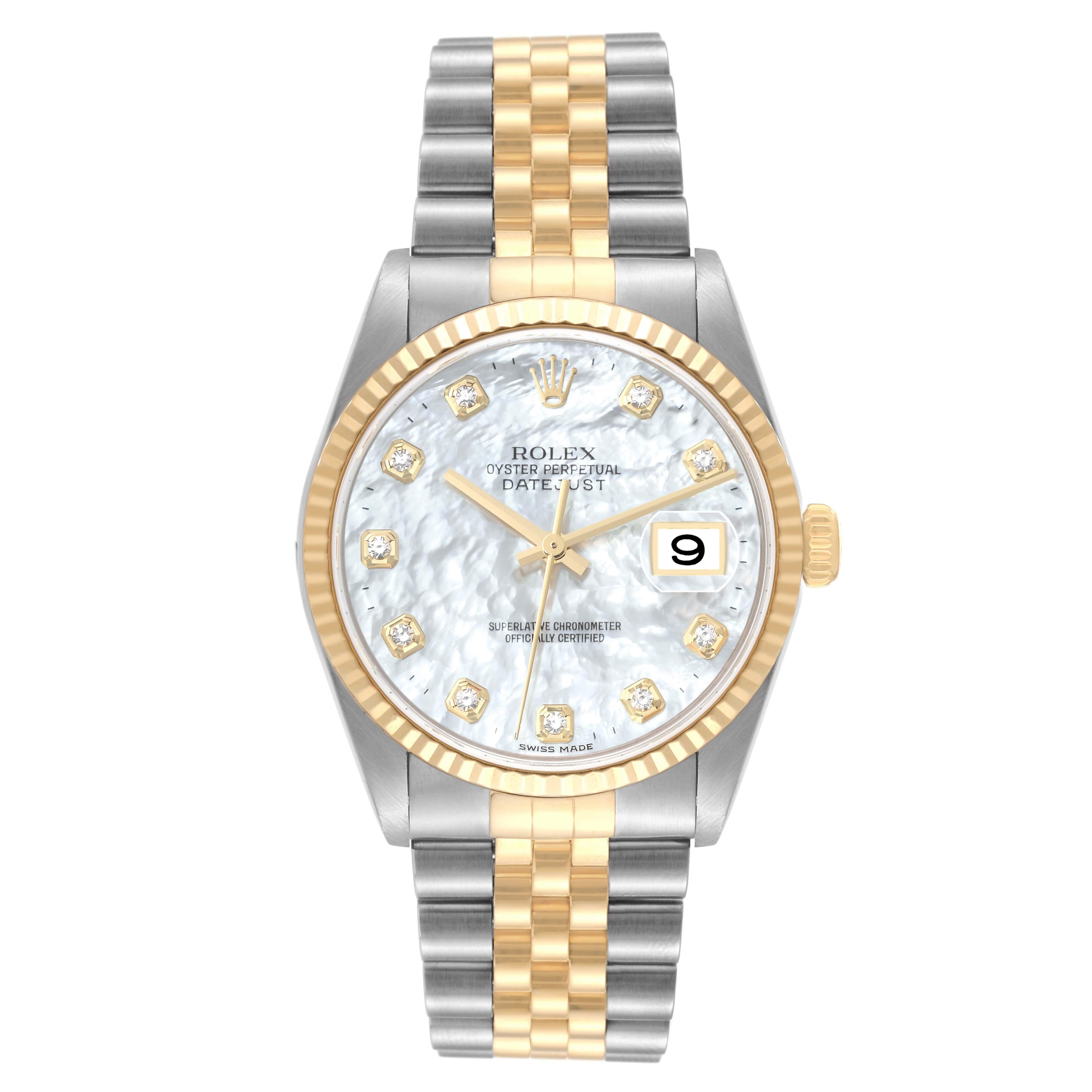 Rolex Datejust Steel Yellow Gold Mother Of Pearl Diamond Dial Mens Watch 16233. Officially certified chronometer automatic self-winding movement. Stainless steel case 36 mm in diameter.  Rolex logo on an 18K yellow gold crown. 18k yellow gold fluted