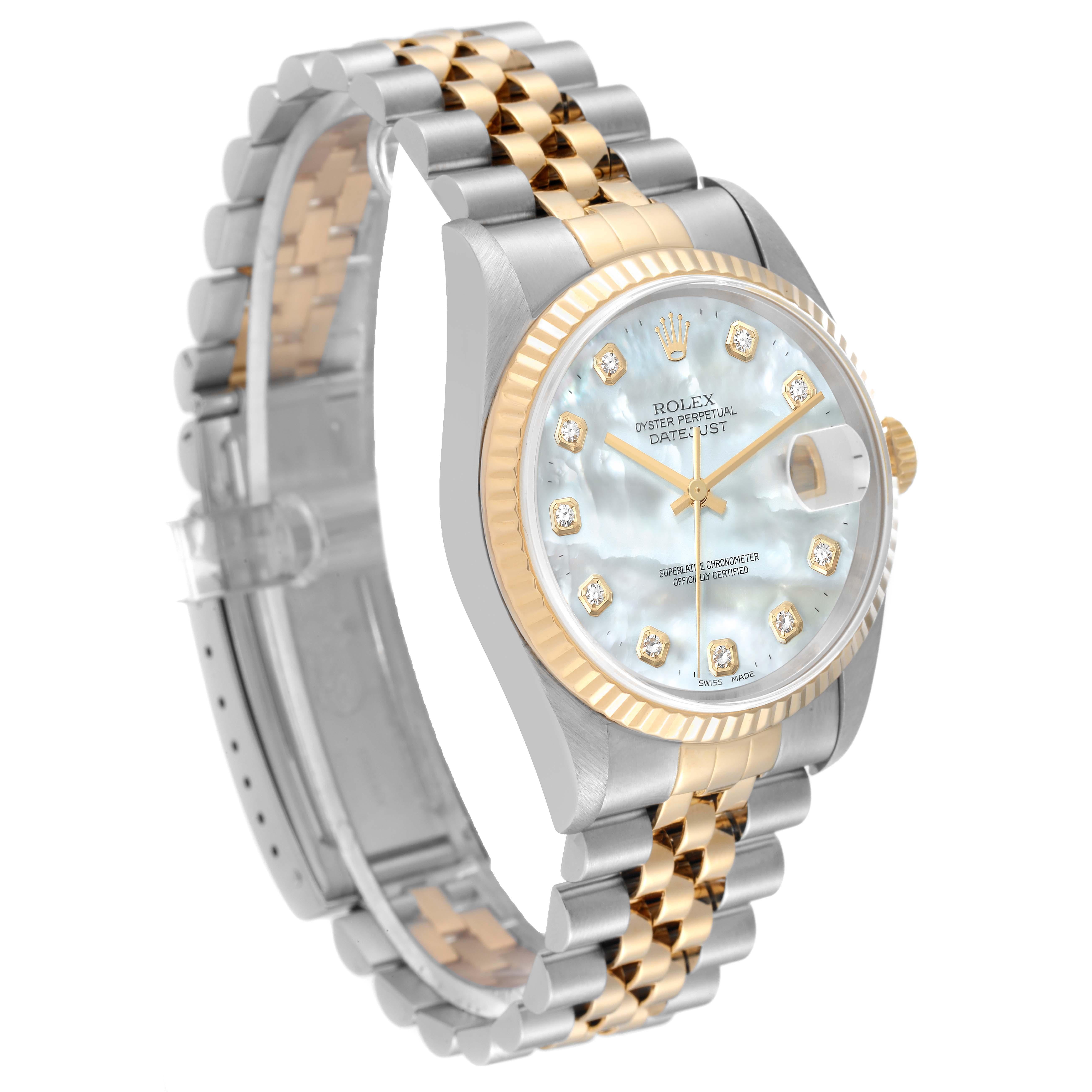 Rolex Datejust Steel Yellow Gold Mother of Pearl Diamond Dial Mens Watch 16233 In Good Condition In Atlanta, GA