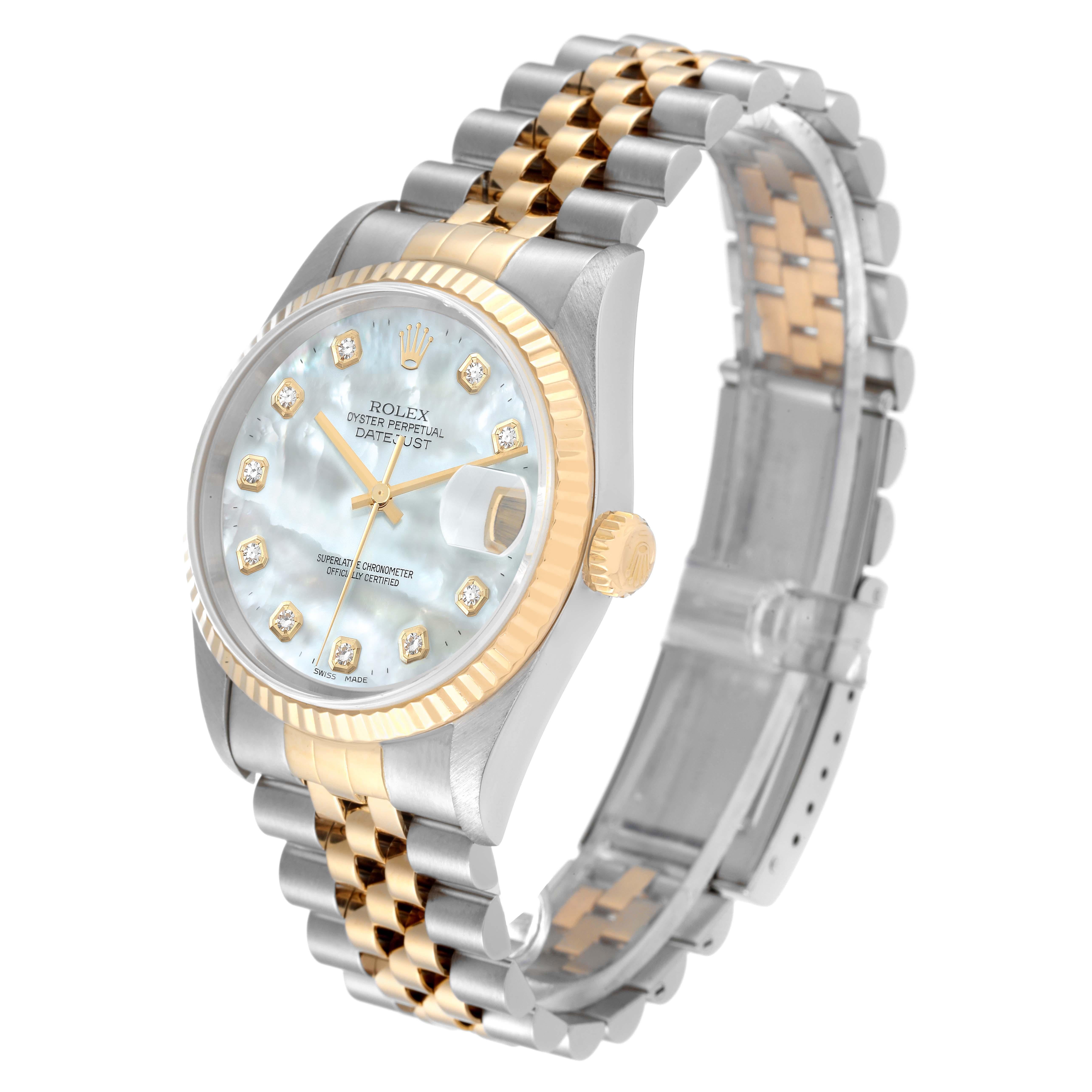 Men's Rolex Datejust Steel Yellow Gold Mother of Pearl Diamond Dial Mens Watch 16233