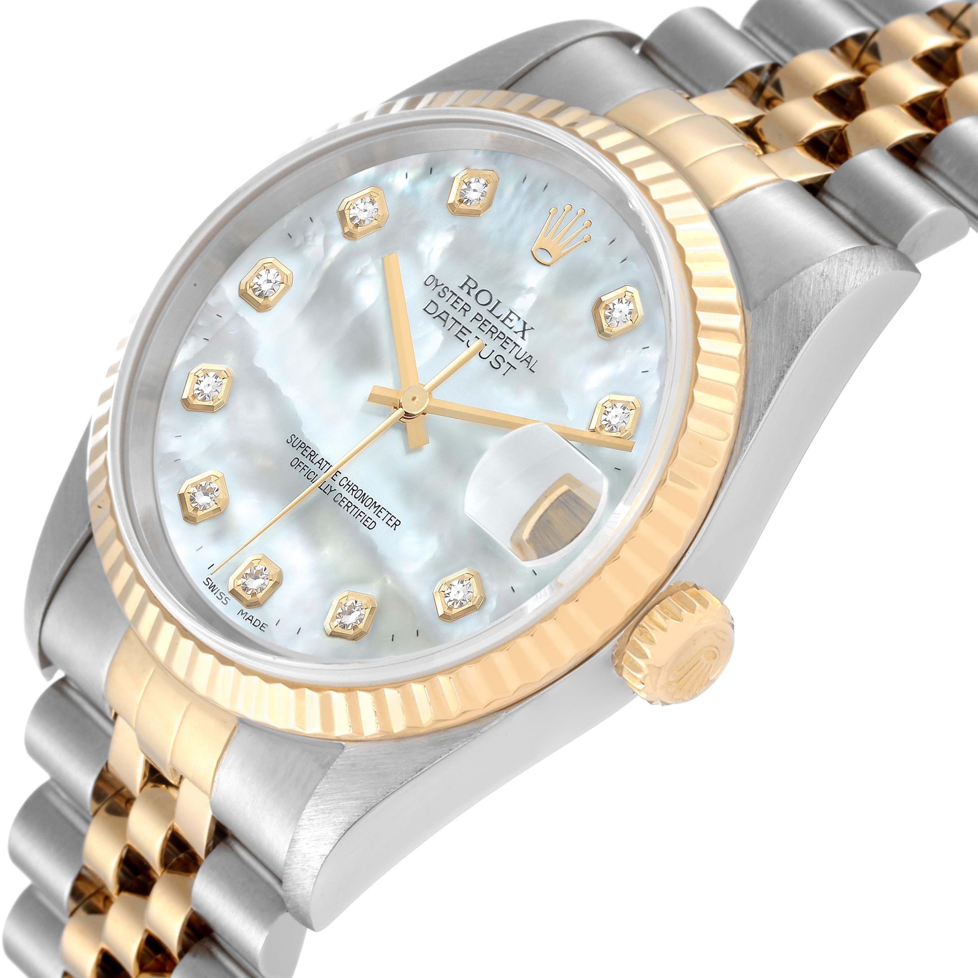 Rolex Datejust Steel Yellow Gold Mother of Pearl Diamond Dial Mens Watch 16233 1