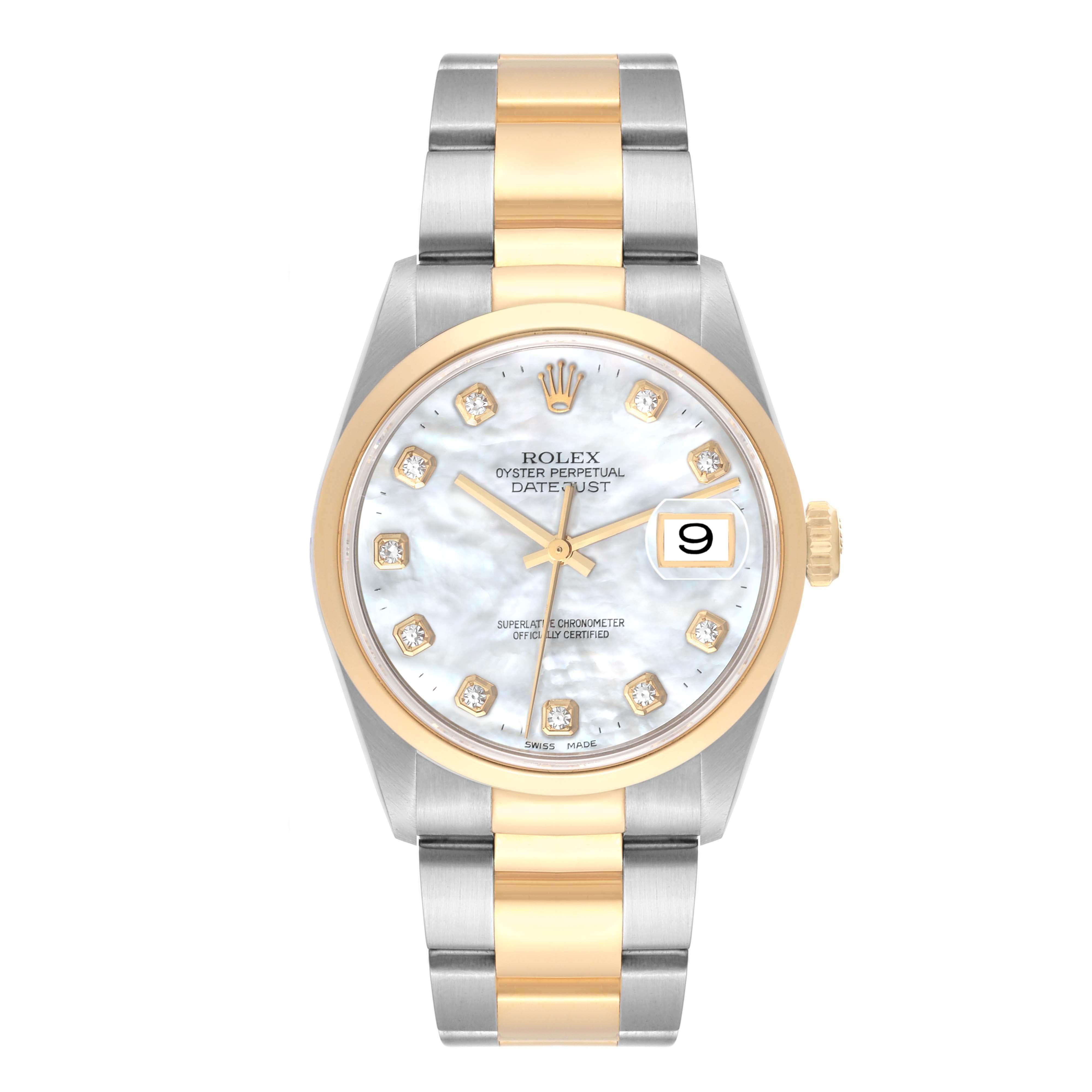 Rolex Datejust Steel Yellow Gold Mother Of Pearl Diamond Dial Mens Watch 16203 Box Papers. Officially certified chronometer automatic self-winding movement. Stainless steel case 36 mm in diameter. Rolex logo on an 18K yellow gold crown. 18k yellow