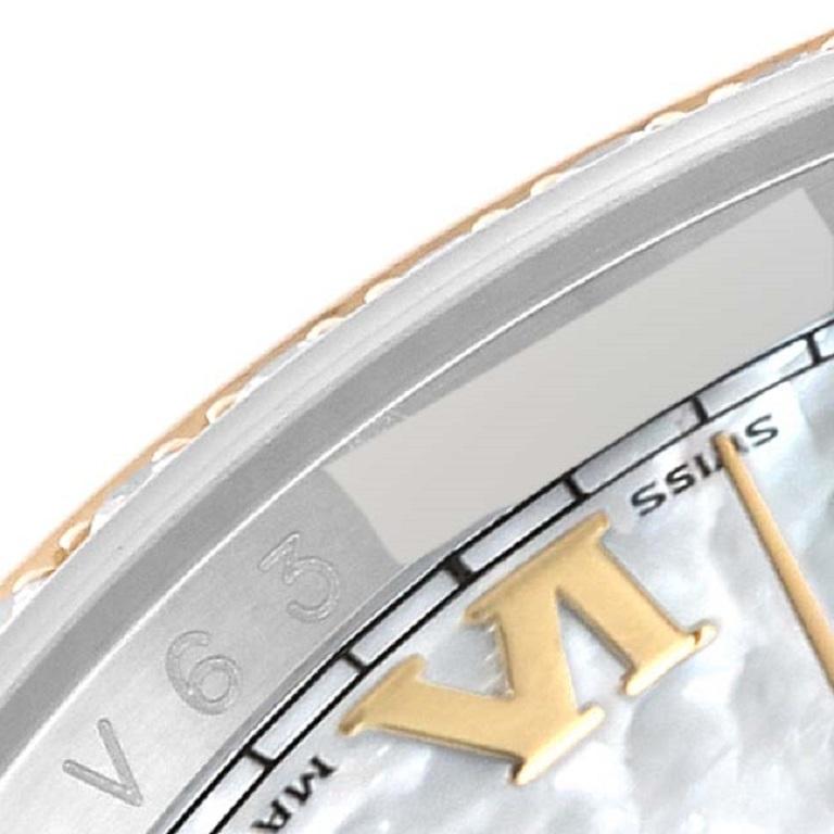 Rolex Datejust Steel Yellow Gold Mother of Pearl Diamond Mens Watch 116243. Officially certified chronometer automatic self-winding movement. Stainless steel case 36.0 mm in diameter.  Rolex logo on 18k yellow gold crown. 18k yellow gold bezel set