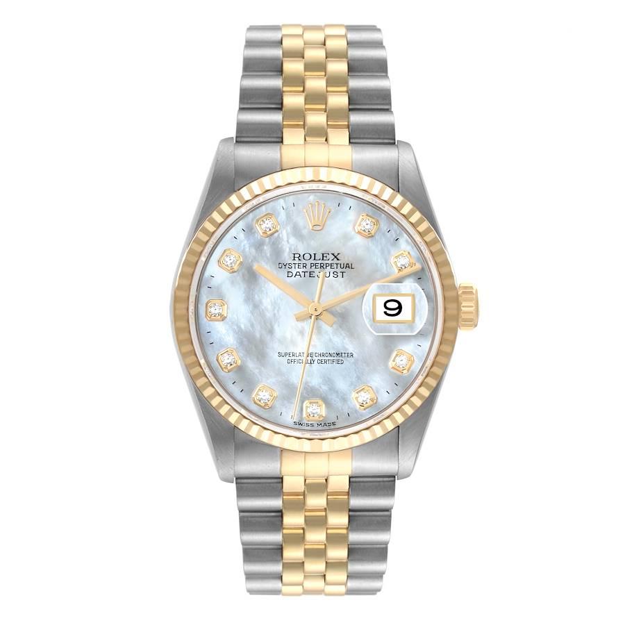 Rolex Datejust Steel Yellow Gold Mother of Pearl Diamond Mens Watch 16233. Officially certified chronometer automatic self-winding movement. Stainless steel case 36 mm in diameter.  Rolex logo on an 18K yellow gold crown. 18k yellow gold fluted