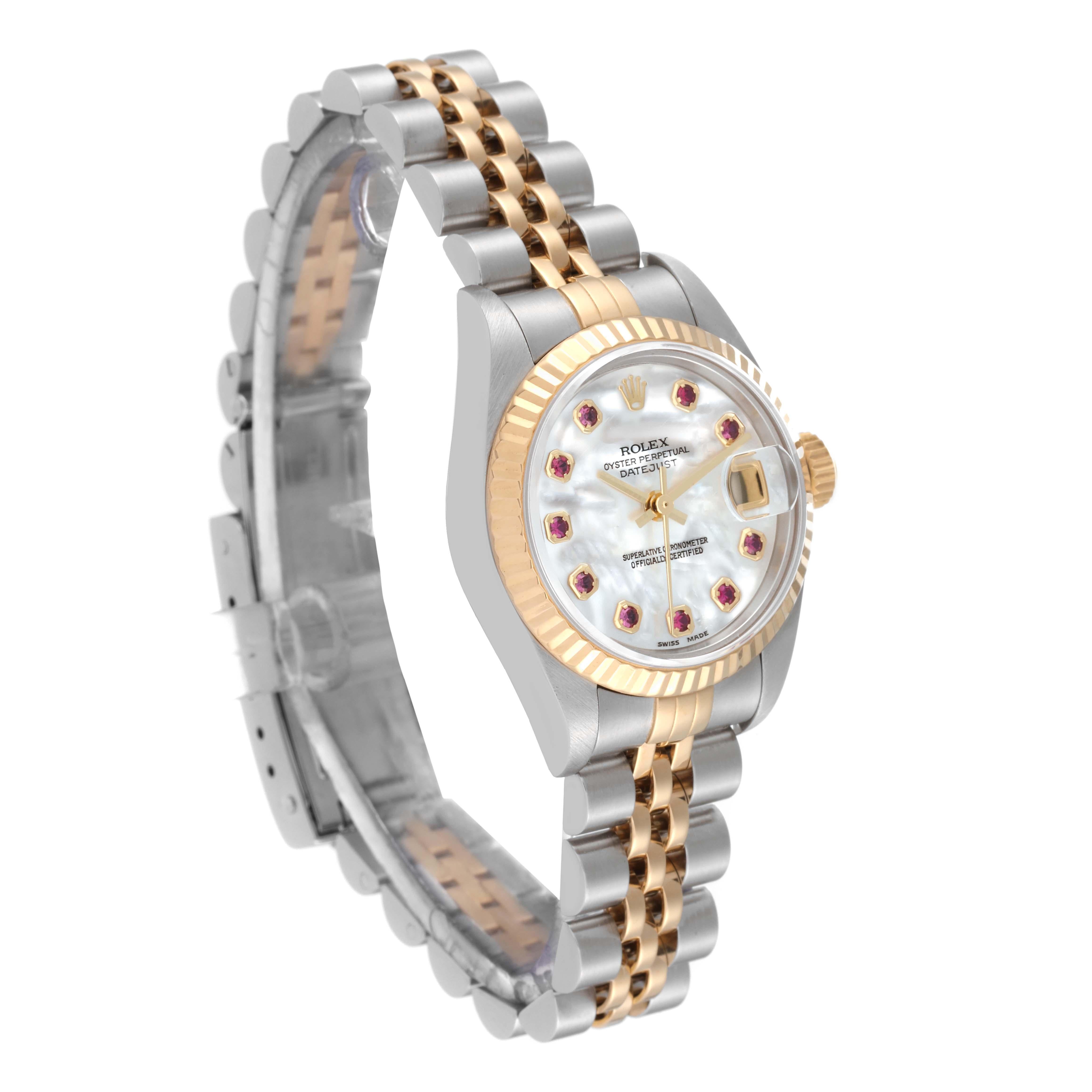 Rolex Datejust Steel Yellow Gold Mother Of Pearl Ruby Dial Ladies Watch 79173 In Excellent Condition For Sale In Atlanta, GA