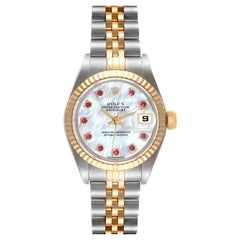 Rolex Datejust Steel Yellow Gold Mother Of Pearl Ruby Dial Ladies Watch