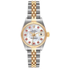 Rolex Datejust Steel Yellow Gold Mother of Pearl Ruby Ladies Watch 69173