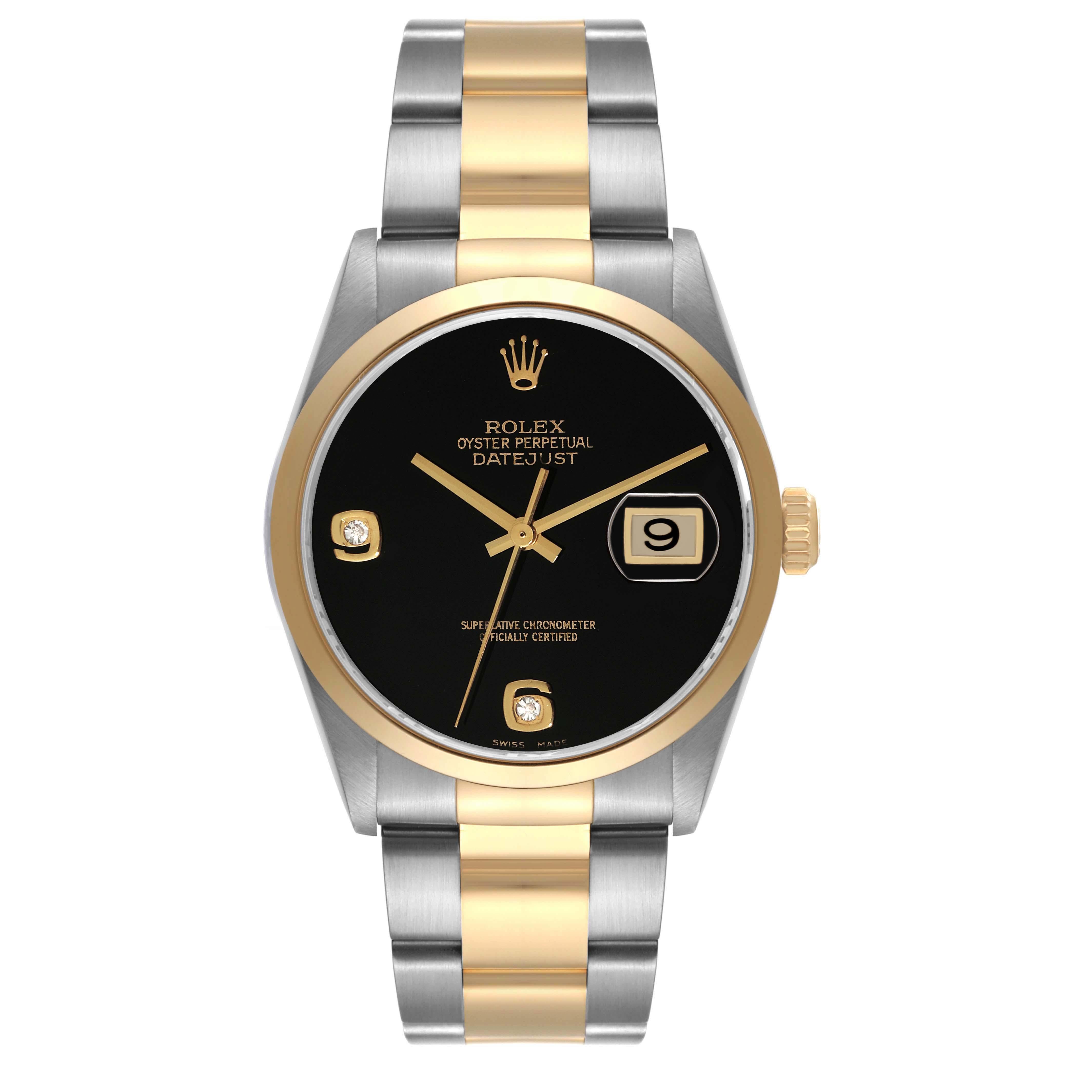 Rolex Datejust Steel Yellow Gold Onyx Diamond Dial Mens Watch 16203 Box Card. Officially certified chronometer automatic self-winding movement. Stainless steel case 36 mm in diameter. Rolex logo on an 18K yellow gold crown. 18k yellow gold smooth
