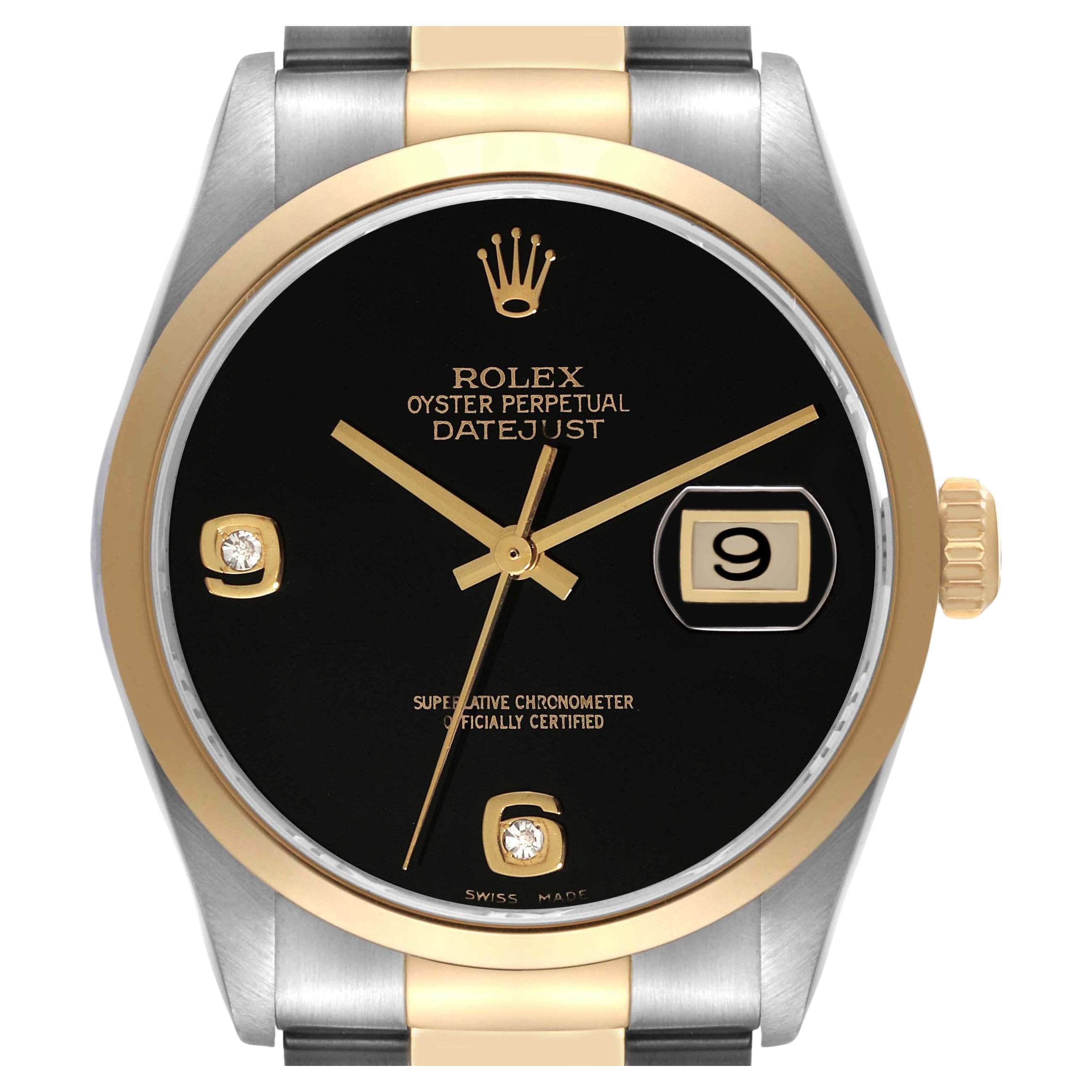 Rolex Datejust Steel Yellow Gold Onyx Diamond Dial Mens Watch 16203 Box Card For Sale