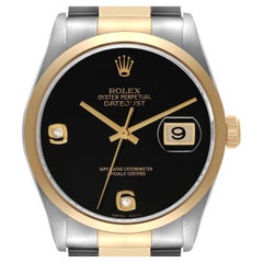 Rolex Datejust Steel Yellow Gold Onyx Diamond Dial Mens Watch 16203 Box Card