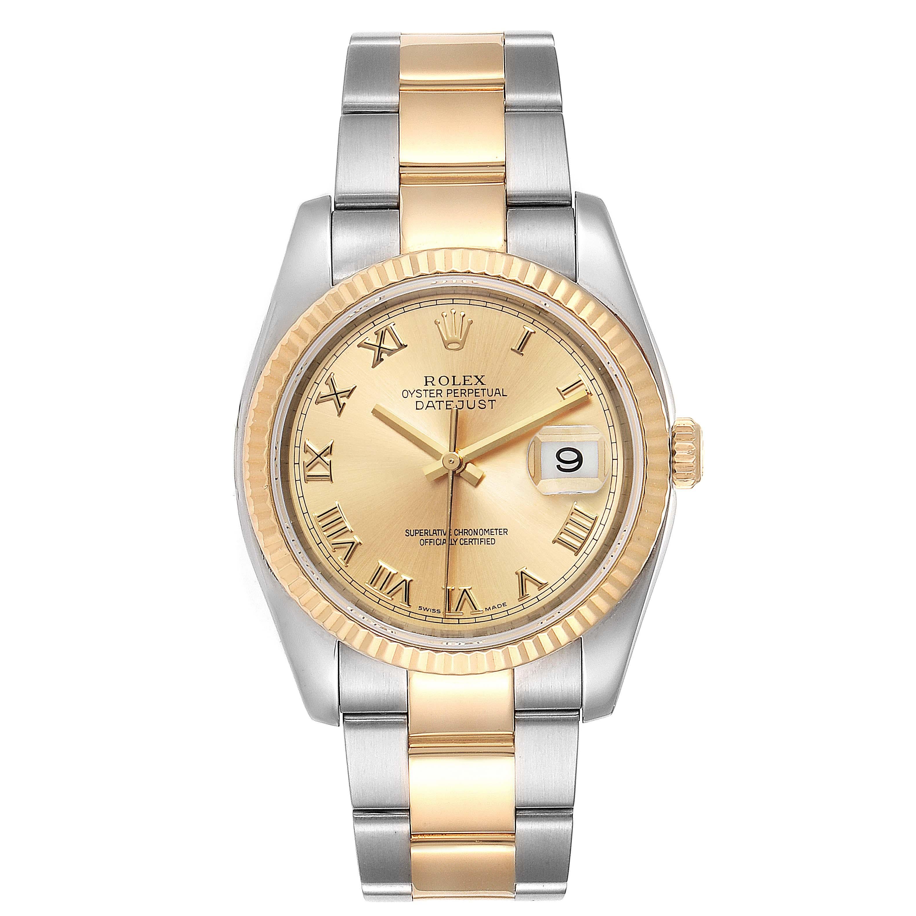 Rolex Datejust Steel Yellow Gold Oyster Bracelet Mens Watch 116233. Officially certified chronometer automatic self-winding movement. Stainless steel case 36.0 mm in diameter. Rolex logo on a crown. 18k yellow gold fluted bezel. Scratch resistant