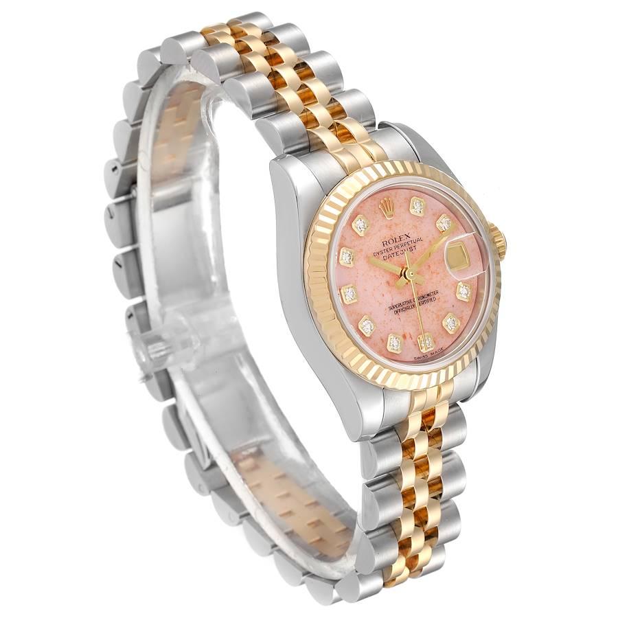 Rolex Datejust Stahl Gelbgold Rosa Koralle Diamant Zifferblatt Uhr 179173 Box Papiere im Zustand „Hervorragend“ im Angebot in Atlanta, GA