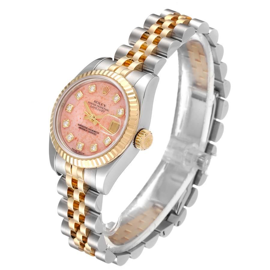 Rolex Datejust Stahl Gelbgold Rosa Koralle Diamant Zifferblatt Uhr 179173 Box Papiere Damen im Angebot