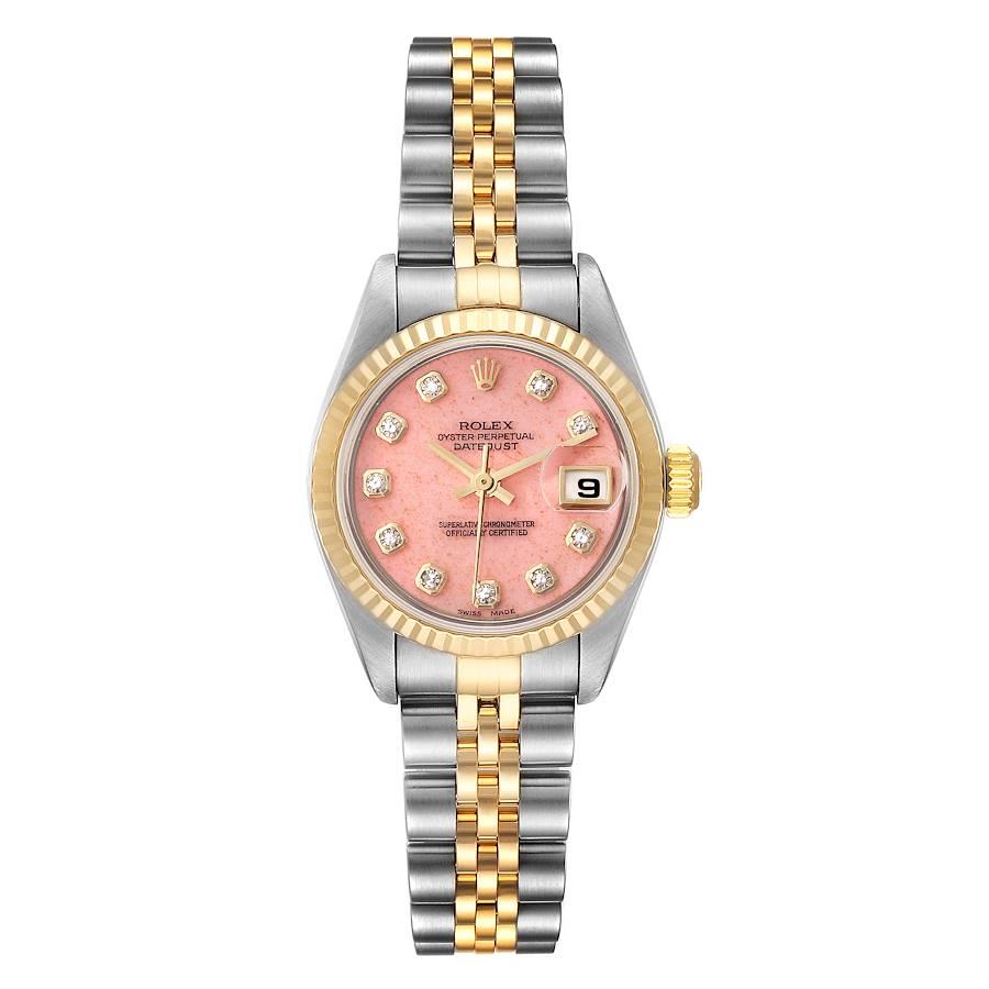 Rolex Datejust Stahl Gelbgold rosa Koralle Diamond Dial Watch 79173 Box Papiere. Offiziell zertifiziertes Chronometerwerk mit automatischem Aufzug. Austerngehäuse aus Edelstahl mit einem Durchmesser von 26 mm. Rolex-Logo auf einer Krone aus 18 Karat
