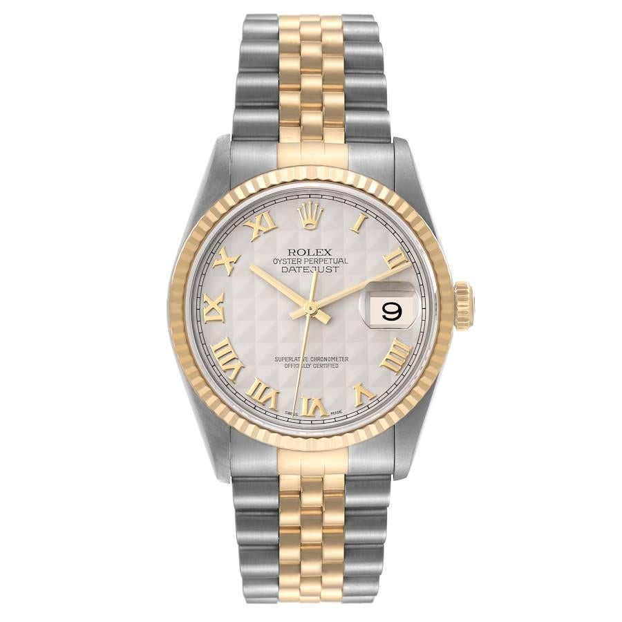 Rolex Datejust Steel Yellow Gold Pyramid Dial Mens Watch 16233 Box Papers. Officially certified chronometer automatic self-winding movement. Stainless steel case 36 mm in diameter.  Rolex logo on an 18K yellow gold crown. 18k yellow gold fluted