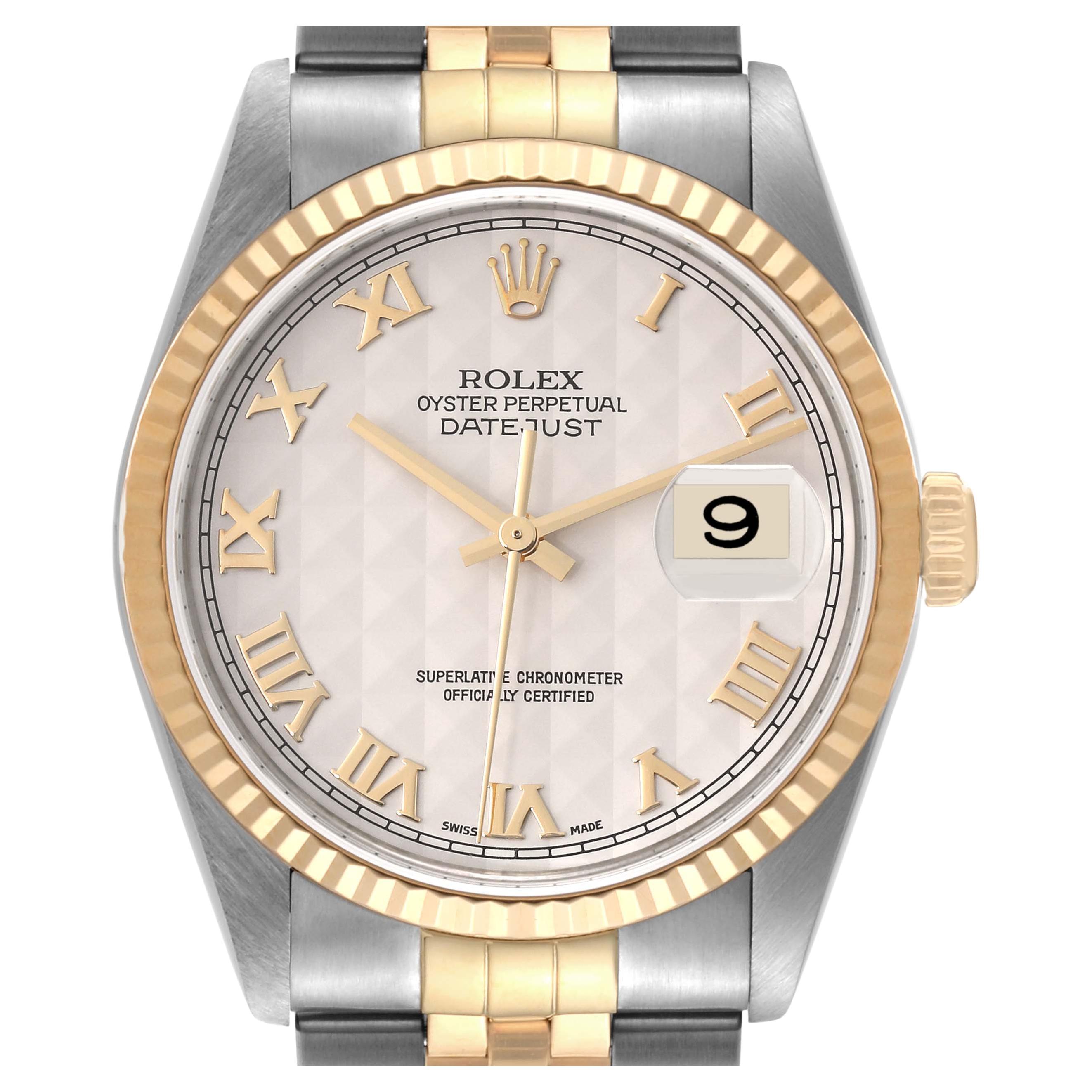 Rolex Datejust Steel Yellow Gold Pyramid Dial Mens Watch 16233 Box Papers
