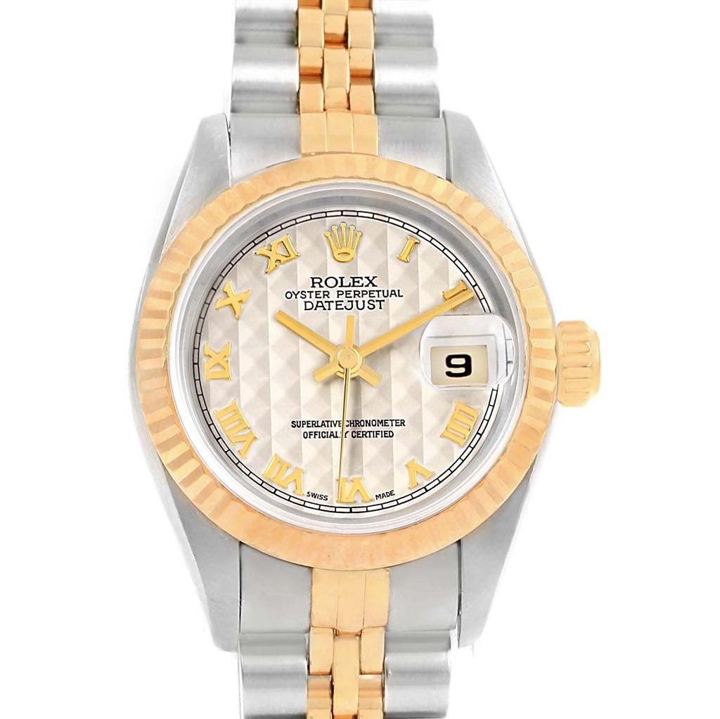Rolex Datejust Steel Yellow Gold Pyramid Roman Dial Ladies Watch 69173. Officially certified chronometer automatic self-winding movement. Stainless steel oyster case 26 mm in diameter. Rolex logo on a crown. 18k yellow gold fluted bezel. Scratch