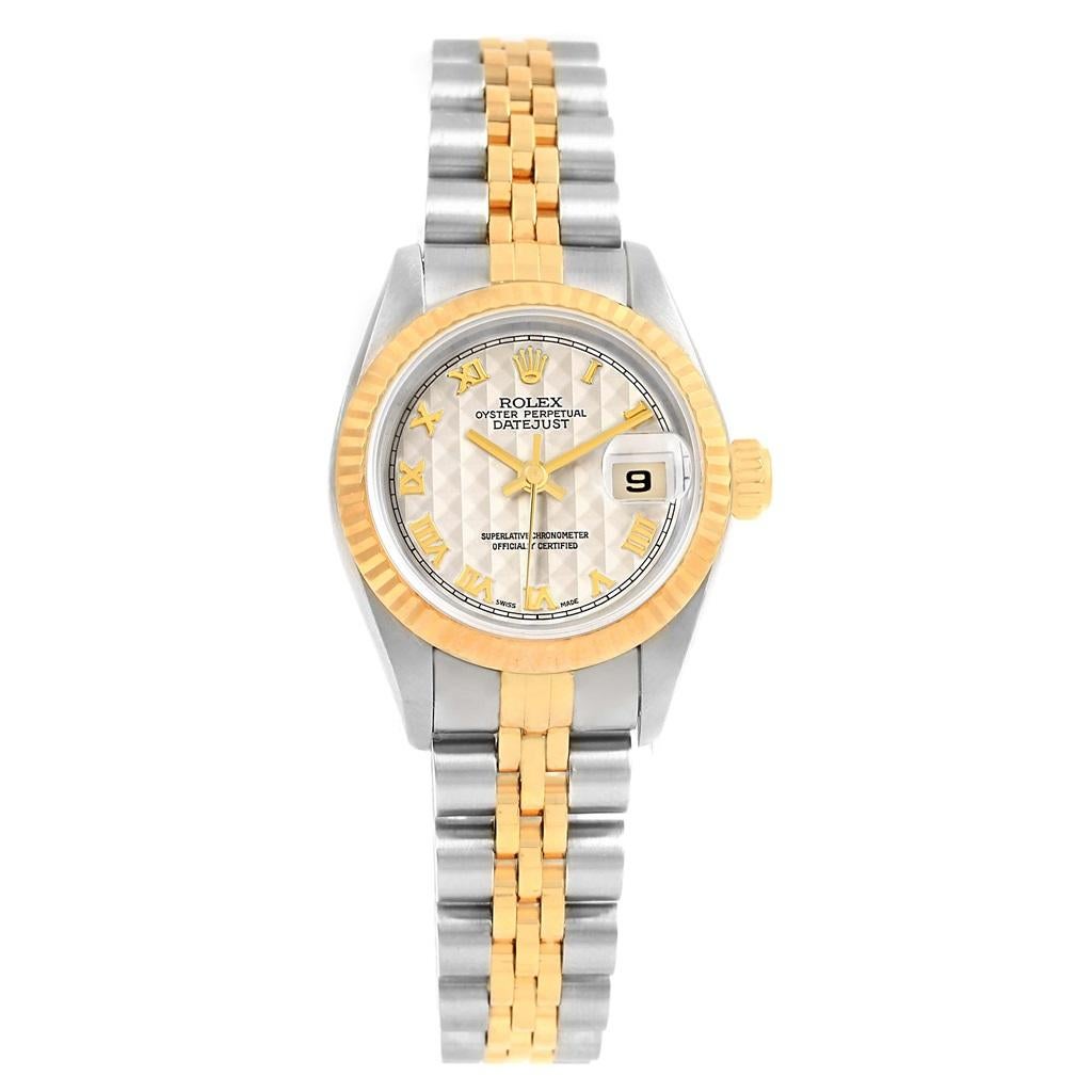 Women's Rolex Datejust Steel Yellow Gold Pyramid Roman Dial Ladies Watch 69173