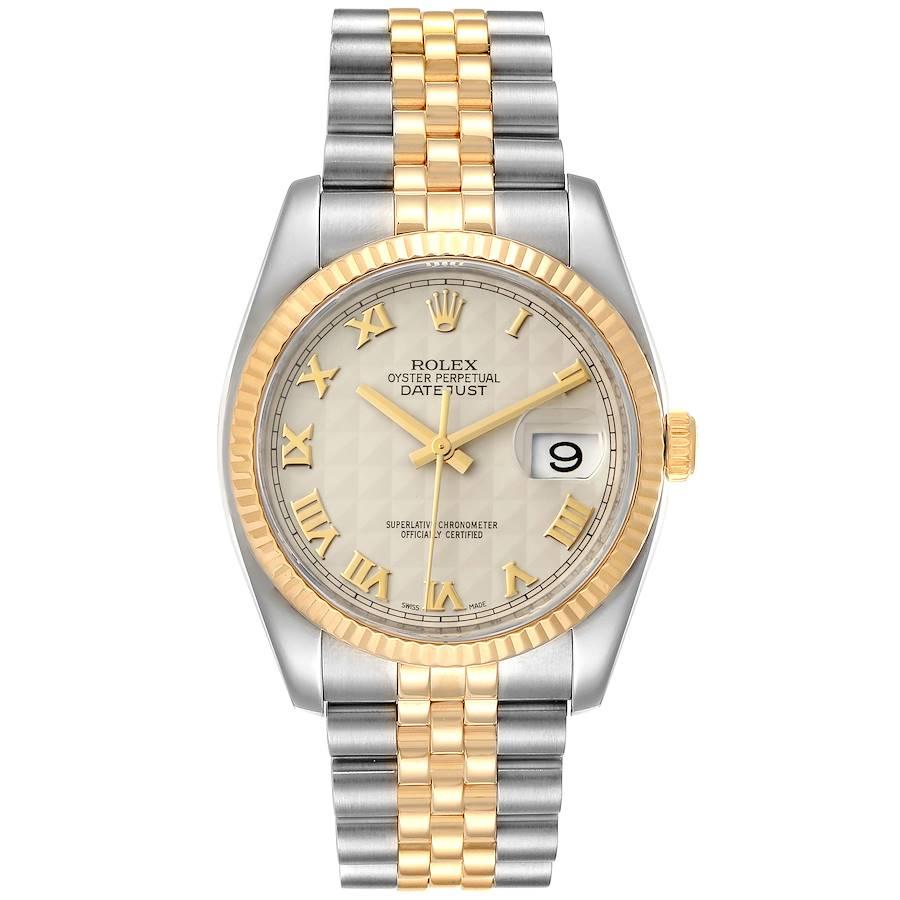 Rolex Datejust Steel Yellow Gold Pyramid Roman Dial Mens Watch 116233. Officially certified chronometer automatic self-winding movement. Stainless steel case 36.0 mm in diameter. Rolex logo on a crown. 18k yellow gold fluted bezel. Scratch resistant