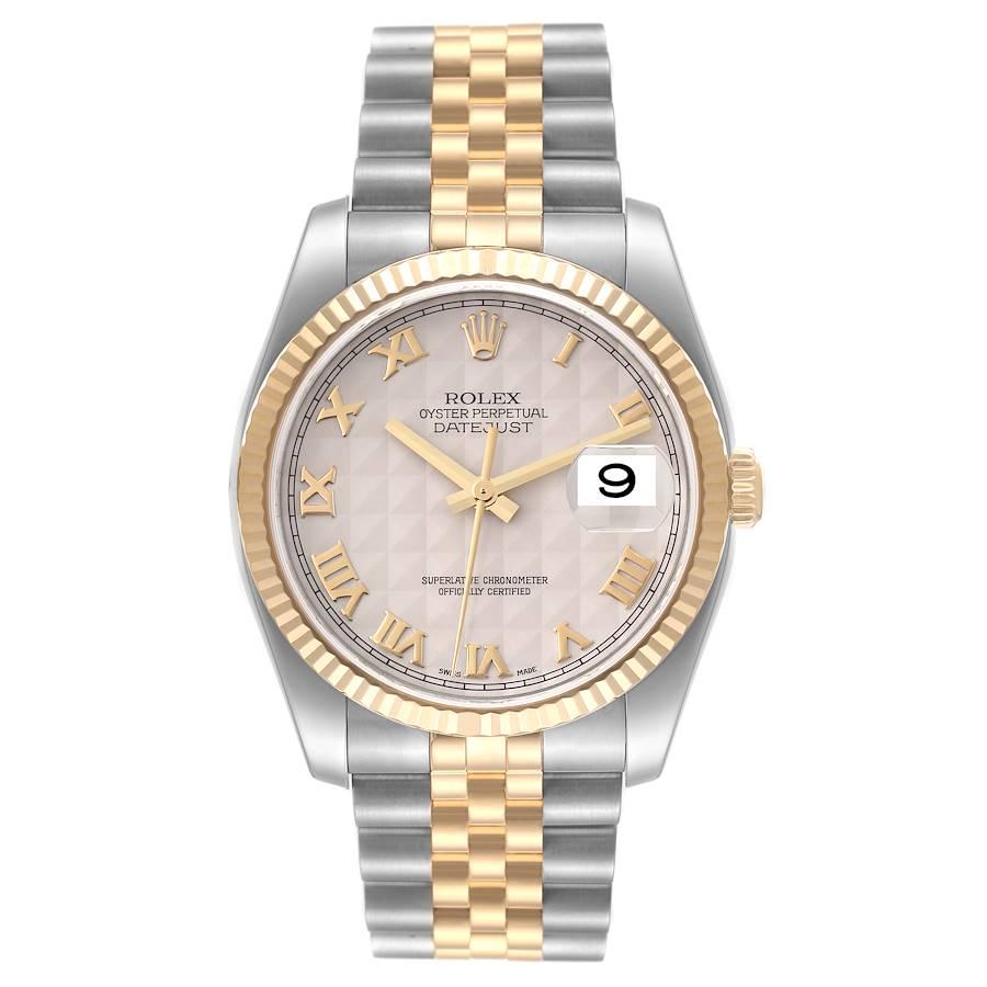 Rolex Datejust Steel Yellow Gold Pyramid Roman Dial Mens Watch 116233. Officially certified chronometer automatic self-winding movement. Stainless steel case 36.0 mm in diameter. Rolex logo on the crown. 18k yellow gold fluted bezel. Scratch