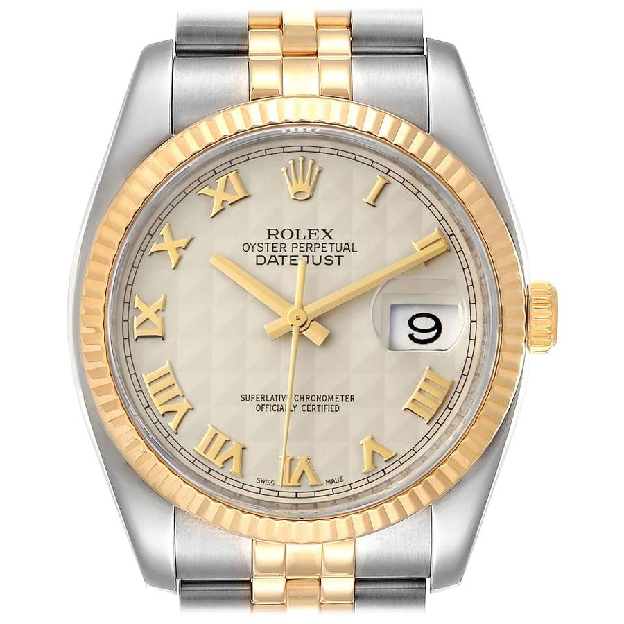 Rolex Datejust Steel Yellow Gold Pyramid Roman Dial Mens Watch 116233