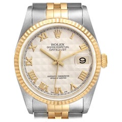 Rolex Datejust Steel Yellow Gold Pyramid Roman Dial Mens Watch 16233 Box Papers