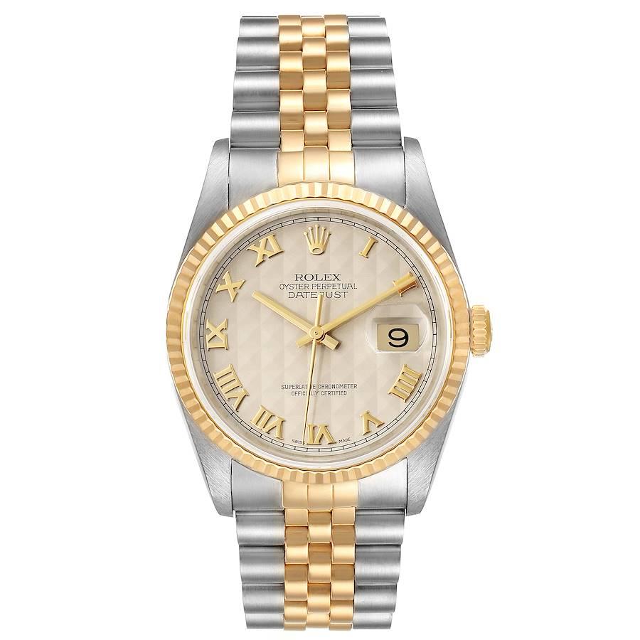 Rolex Datejust Steel Yellow Gold Pyramid Roman Dial Mens Watch 16233. Officially certified chronometer automatic self-winding movement. Stainless steel case 36.0 mm in diameter. Rolex logo on a crown. 18k yellow gold fluted bezel. Scratch resistant