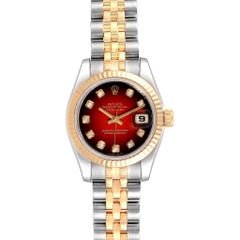 Rolex Datejust Steel Yellow Gold Red Vignette Diamond Ladies Watch 179173