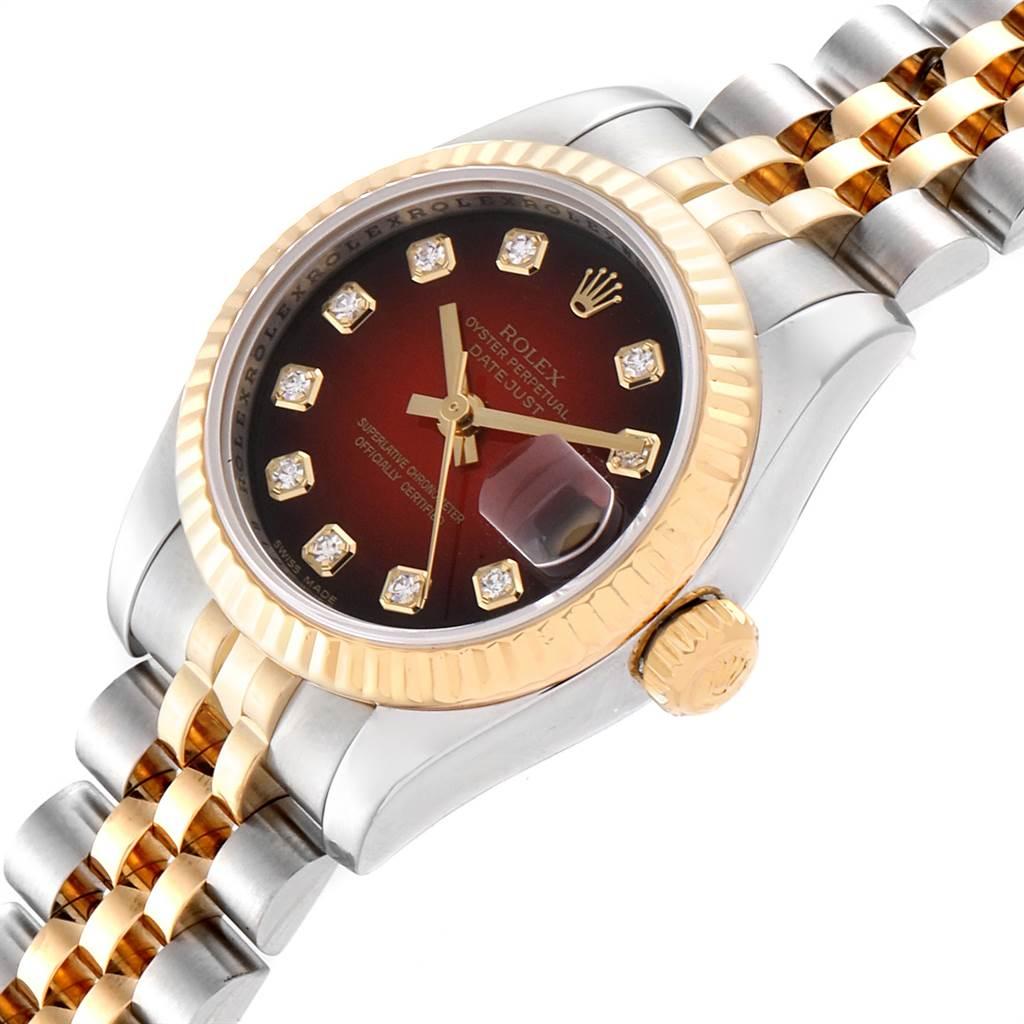 Rolex Datejust Steel Yellow Gold Red Vignette Diamond Ladies Watch 179173 In Excellent Condition In Atlanta, GA