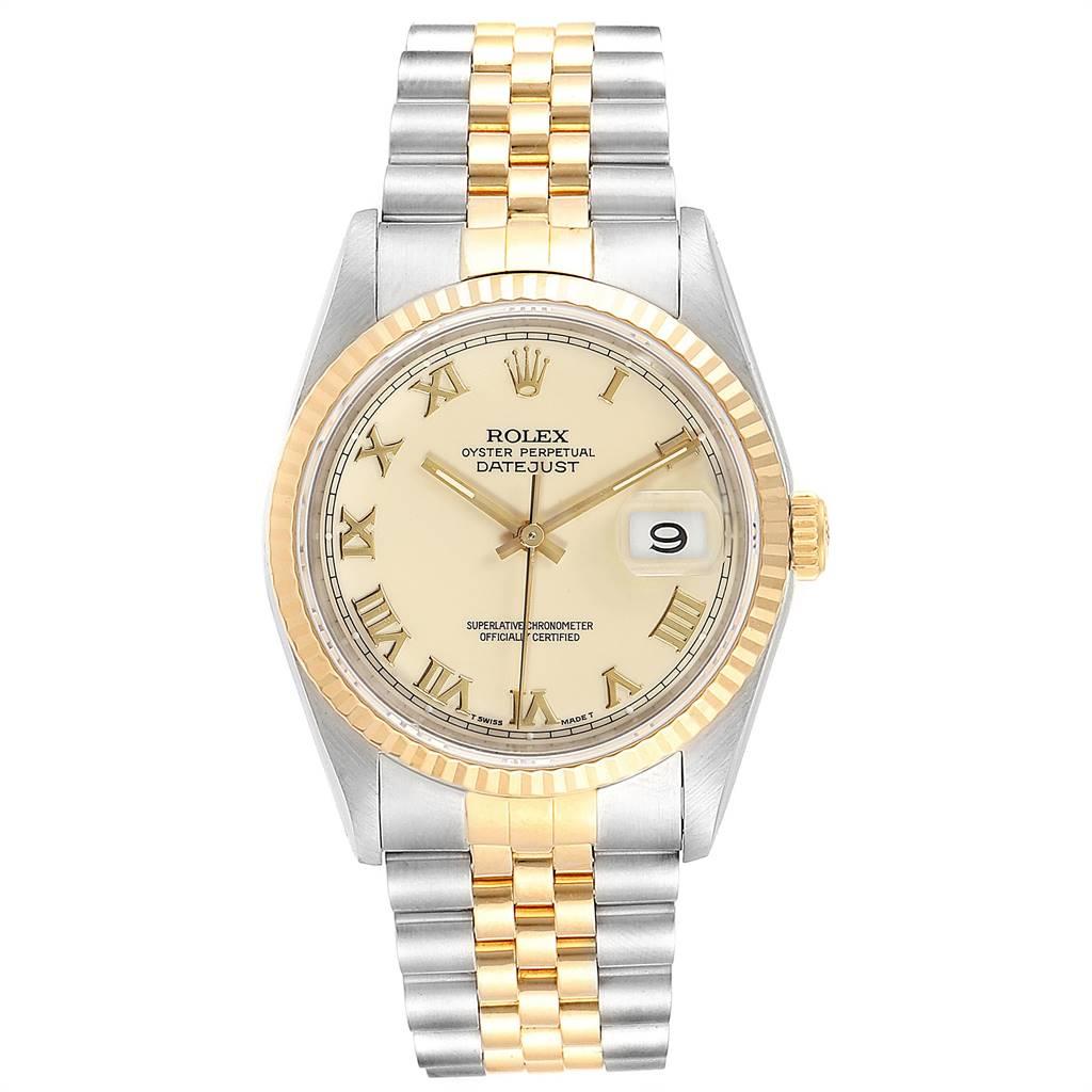 Rolex Datejust Steel Yellow Gold Roman Dial Mens Watch 16233. Officially certified chronometer self-winding movement. Stainless steel case 36 mm in diameter.Rolex logo on a 18K yellow gold crown. 18k yellow gold fluted bezel. Scratch resistant