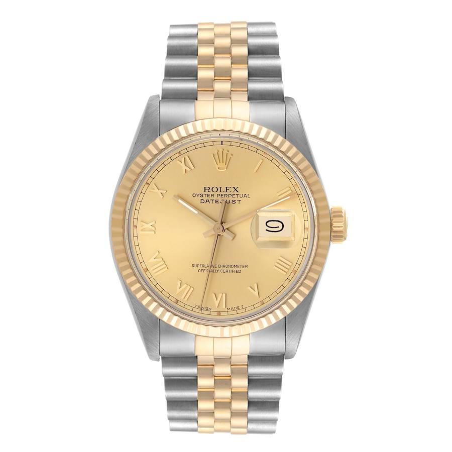 Rolex Datejust Steel Yellow Gold Roman Dial Vintage Mens Watch 16013. Officially certified chronometer self-winding movement. Stainless steel oyster case 36.0 mm in diameter. Rolex logo on a crown. 18k yellow gold fluted bezel. Acrylic crystal with