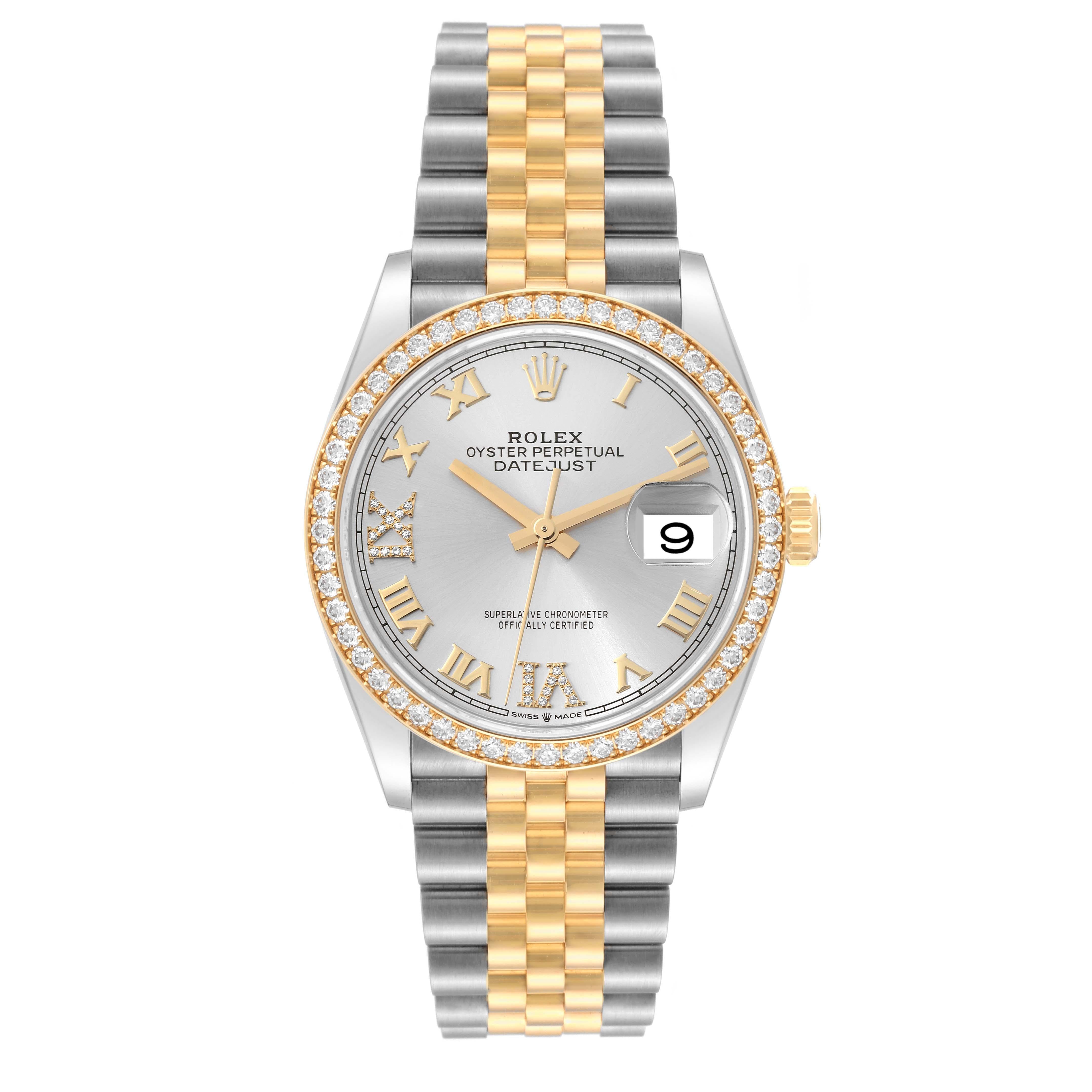 Rolex Datejust Steel Yellow Gold Silver Dial Diamond Mens Watch 126283 Unworn. Officially certified chronometer automatic self-winding movement. Stainless steel and 18K yellow gold oyster case 36.0 mm in diameter. Rolex logo on 18K yellow gold