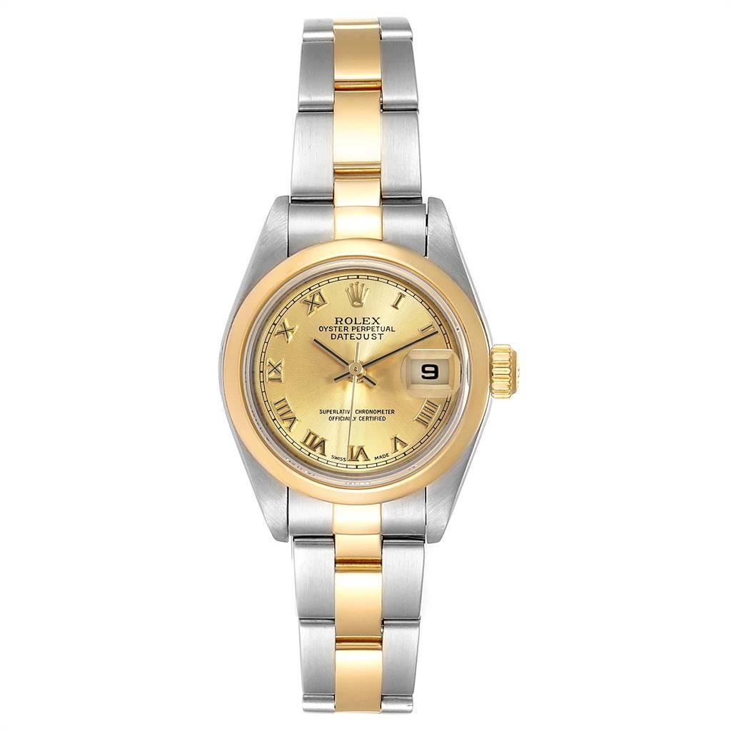 Rolex Datejust Steel Yellow Gold Silver Dial Ladies Watch 79163. Officially certified chronometer self-winding movement. Stainless steel oyster case 26 mm in diameter. Rolex logo on a 18k yellow gold crown. 18k yellow gold smooth domed bezel.