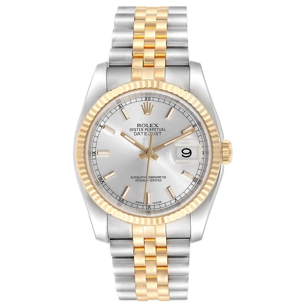 Rolex Datejust Steel Yellow Gold Silver Dial Mens Watch 116233 Box Card. Officially certified chronometer self-winding movement. Stainless steel case 36 mm in diameter. Rolex logo on a crown. 18k yellow gold fluted bezel. Scratch resistant sapphire