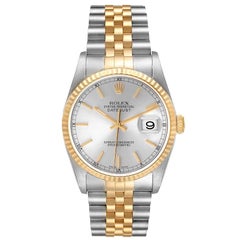 Rolex Datejust Steel Yellow Gold Silver Dial Mens Watch 16233