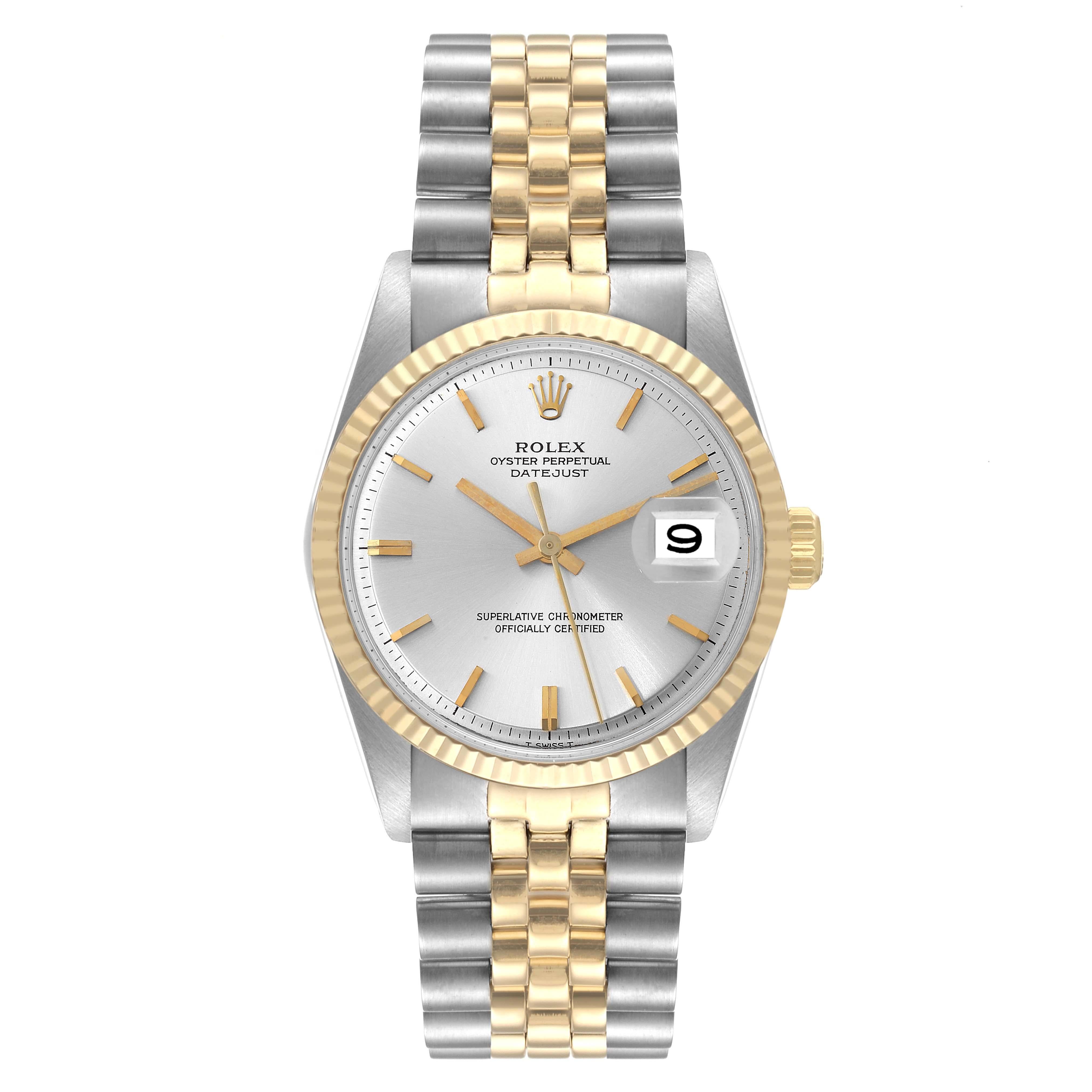 Rolex Datejust Steel Yellow Gold Silver Dial Vintage Mens Watch 1601 Box Papers. Officially certified chronometer automatic self-winding movement. Stainless steel case 36 mm in diameter. Rolex logo on a crown. Yellow gold fluted bezel. Acrylic