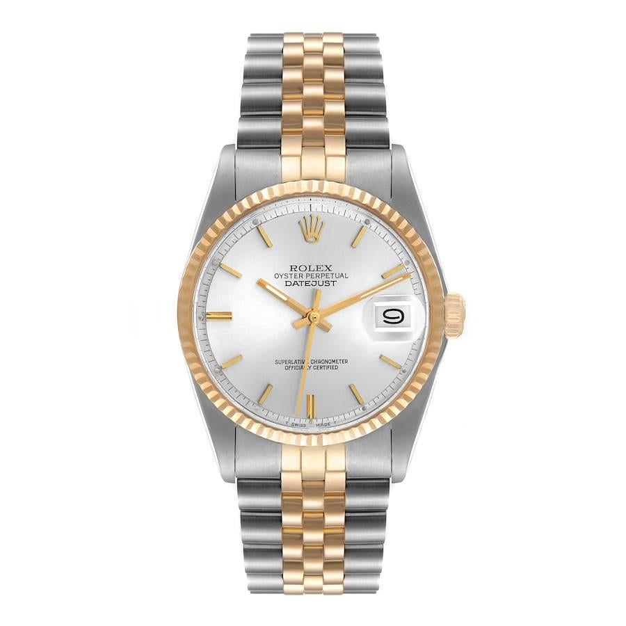 Rolex Datejust Steel Yellow Gold Silver Dial Vintage Mens Watch 1601. Officially certified chronometer automatic self-winding movement. Stainless steel case 36 mm in diameter. Rolex logo on a crown. Yellow gold fluted bezel. Acrylic crystal with