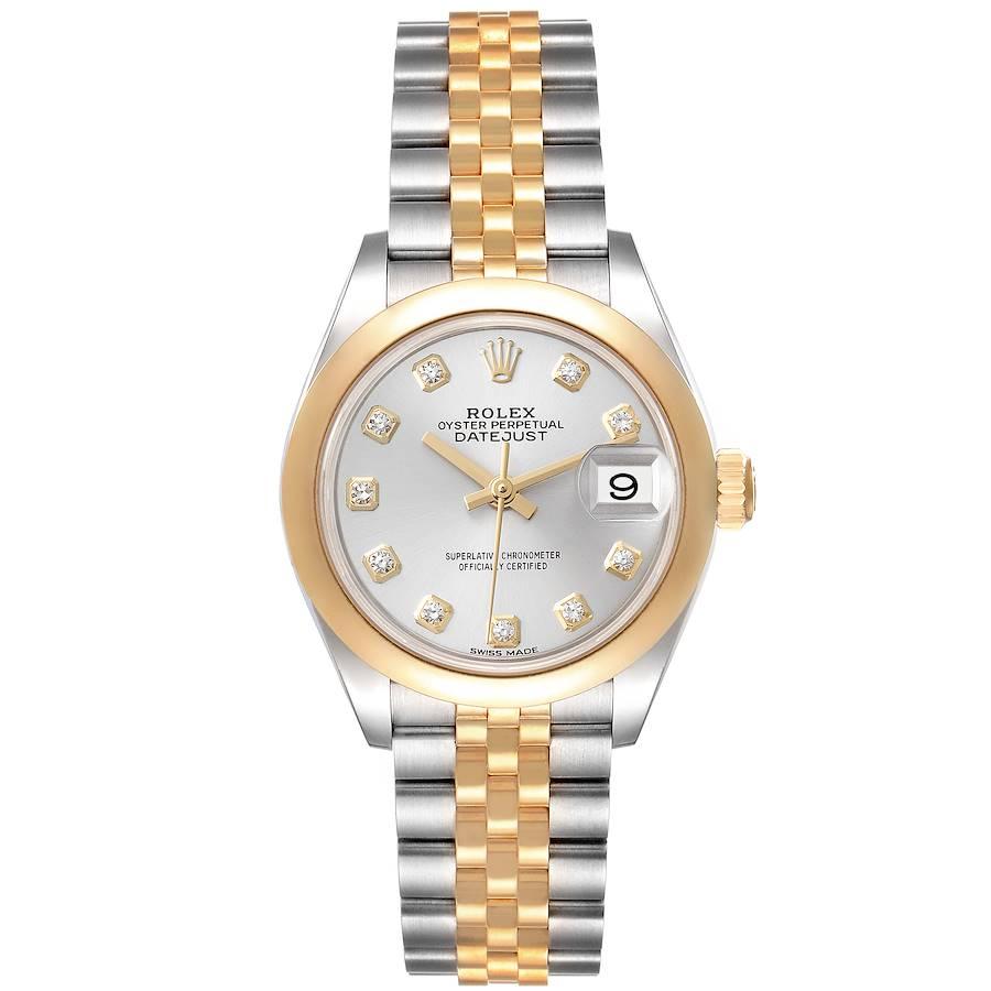 Rolex Datejust Steel Yellow Gold Silver Diamond Dial Ladies Watch 279163. Officially certified chronometer self-winding movement. Stainless steel oyster case 28 mm in diameter. Rolex logo on a 18k yellow gold crown. 18k yellow gold smooth domed