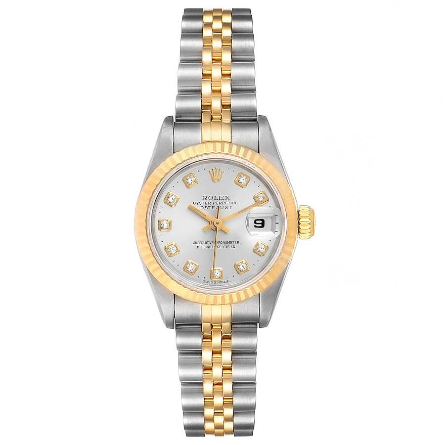 Rolex Datejust Steel Yellow Gold Silver Diamond Dial Ladies Watch 69173. Officially certified chronometer self-winding movement. Stainless steel oyster case 26.0 mm in diameter. Rolex logo on a crown. 18k yellow gold fluted bezel. Scratch resistant