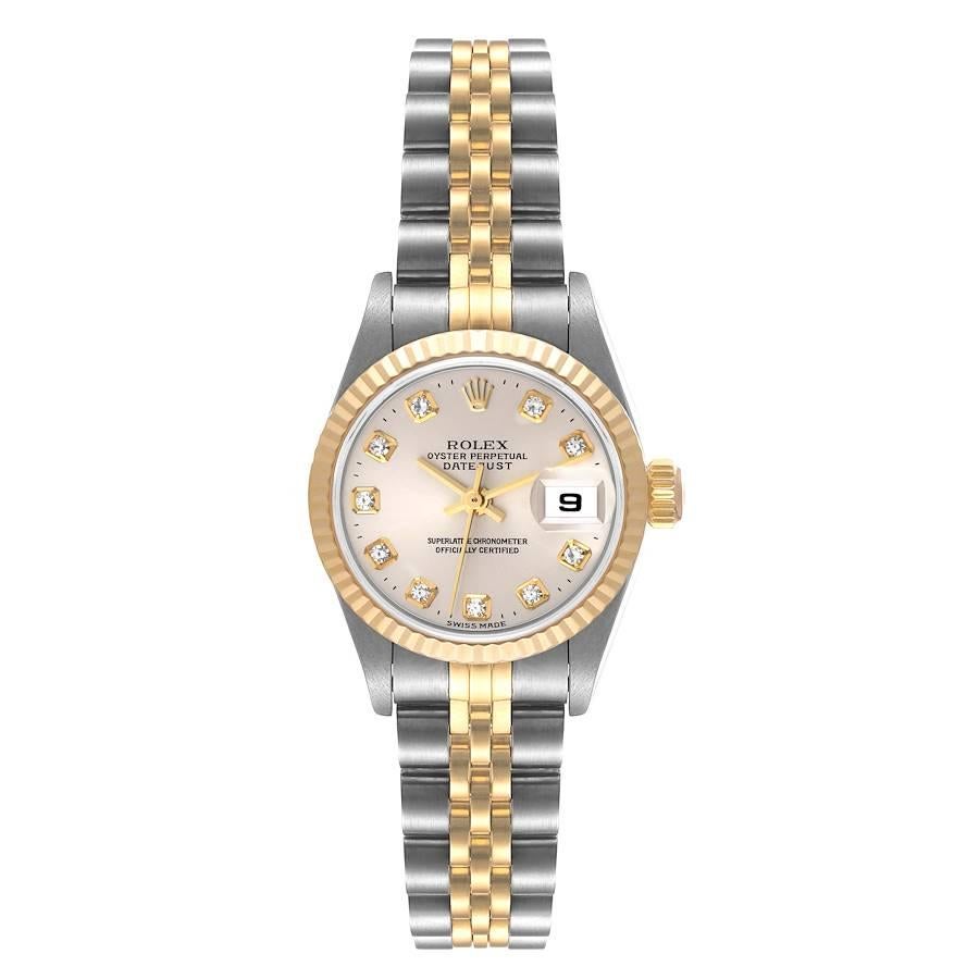 Rolex Datejust Stahl Gelbgold Silber Diamant-Zifferblatt Damenuhr 79173. Offiziell zertifiziertes Chronometerwerk mit automatischem Aufzug. Austerngehäuse aus Edelstahl mit einem Durchmesser von 26 mm. Rolex-Logo auf einer Krone aus 18 Karat