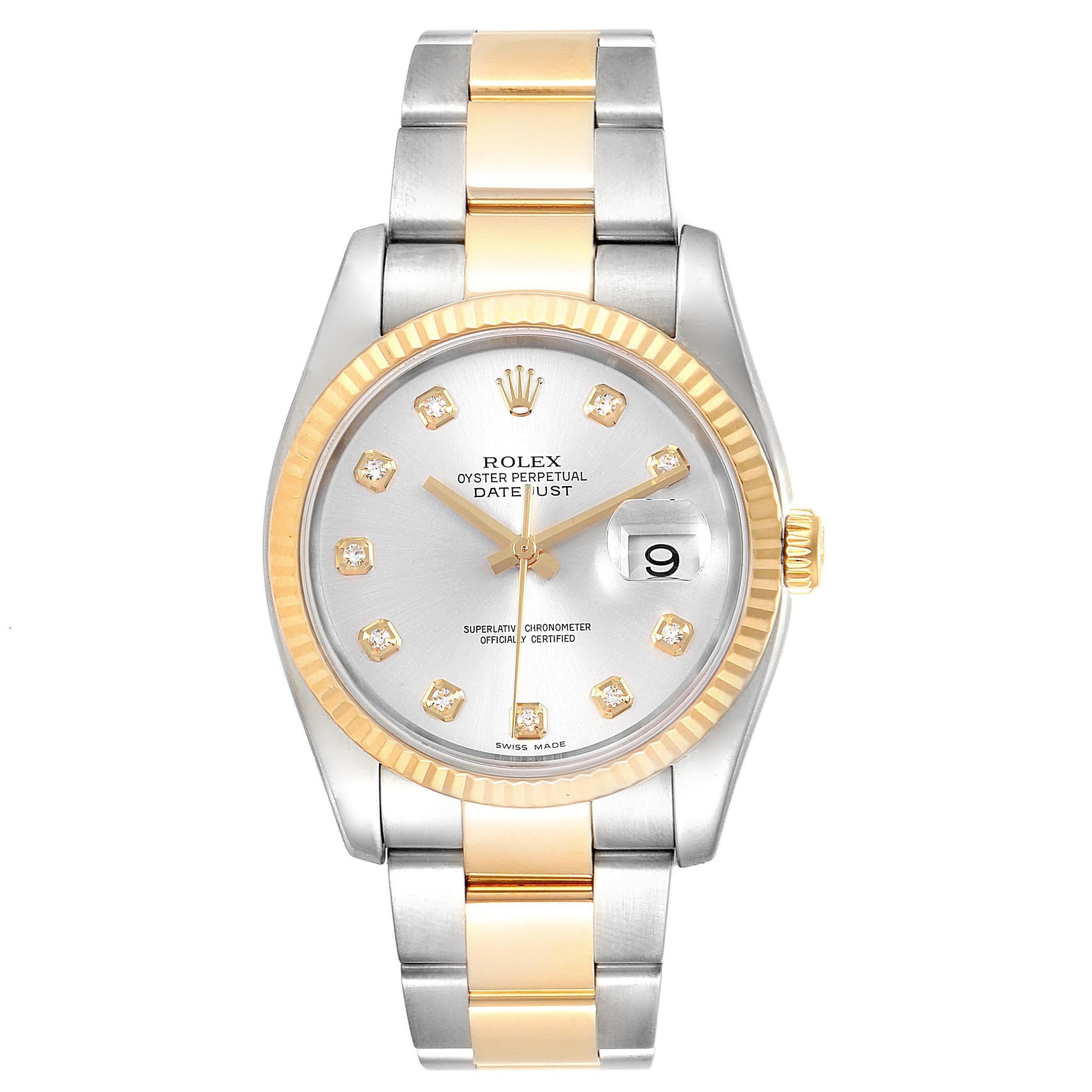 Rolex Datejust Steel Yellow Gold Silver Diamond Dial Mens Watch 116233. Officially certified chronometer self-winding movement. Stainless steel case 36 mm in diameter.  Rolex logo on a crown. 18k yellow gold fluted bezel. Scratch resistant sapphire