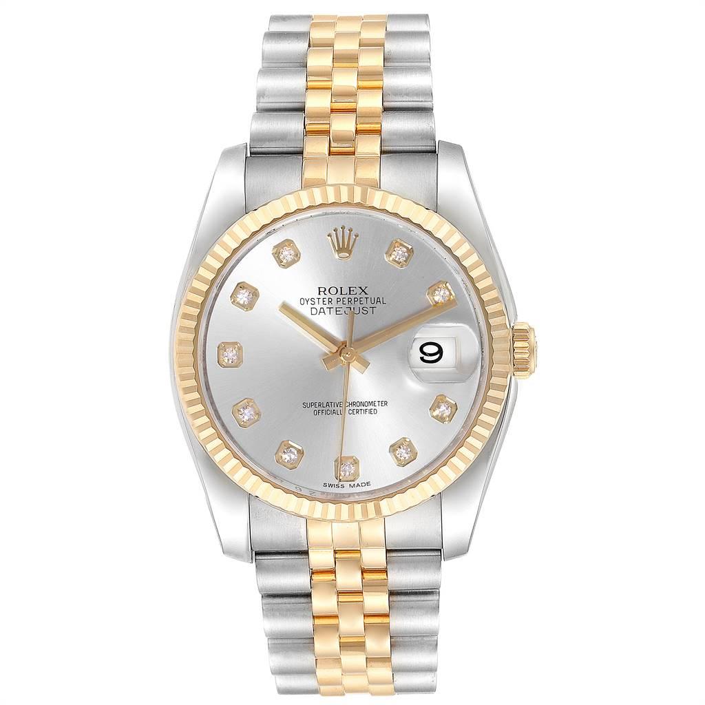 Rolex Datejust Steel Yellow Gold Silver Diamond Dial Mens Watch 116233. Officially certified chronometer self-winding movement. Stainless steel case 36 mm in diameter. Rolex logo on a crown. 18k yellow gold fluted bezel. Scratch resistant sapphire