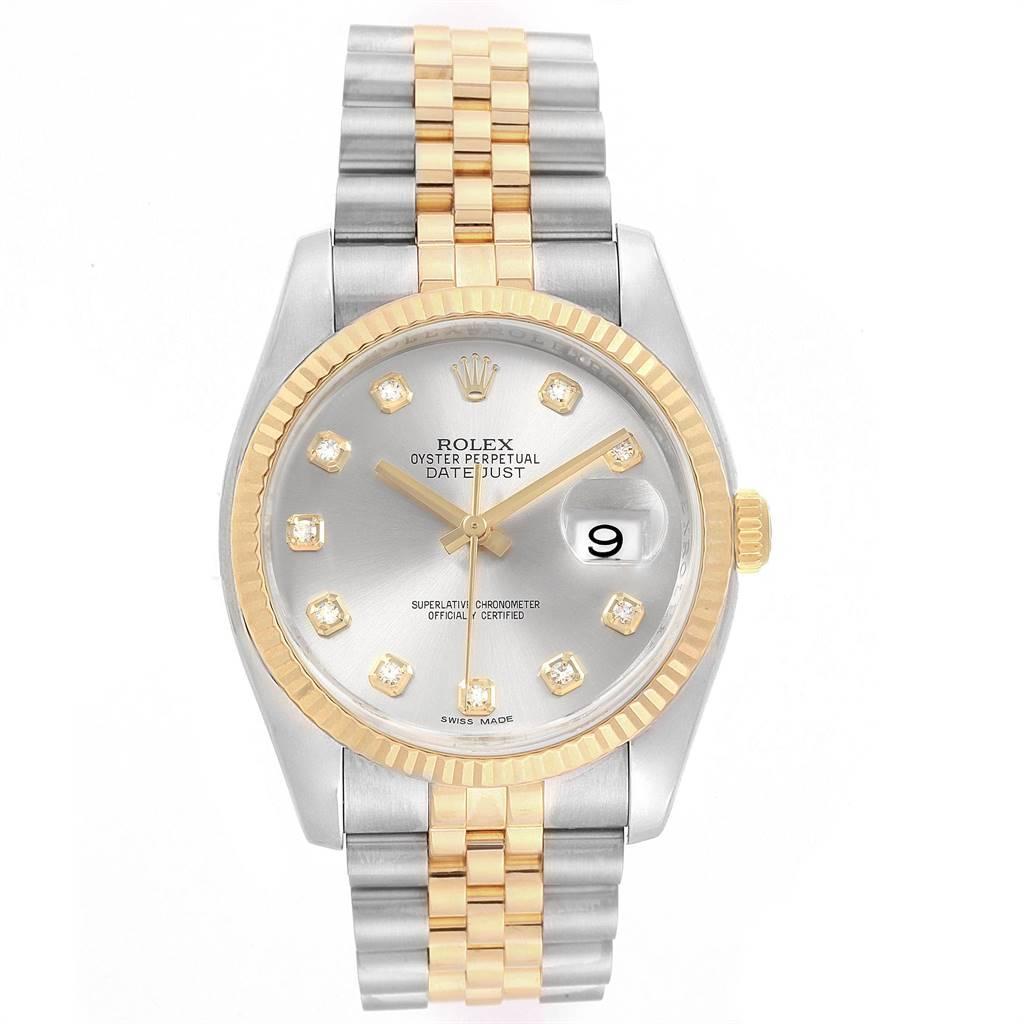 Rolex Datejust Steel Yellow Gold Silver Diamond Dial Mens Watch 116233. Officially certified chronometer self-winding movement. Stainless steel case 36 mm in diameter. Rolex logo on a crown. 18k yellow gold fluted bezel. Scratch resistant sapphire
