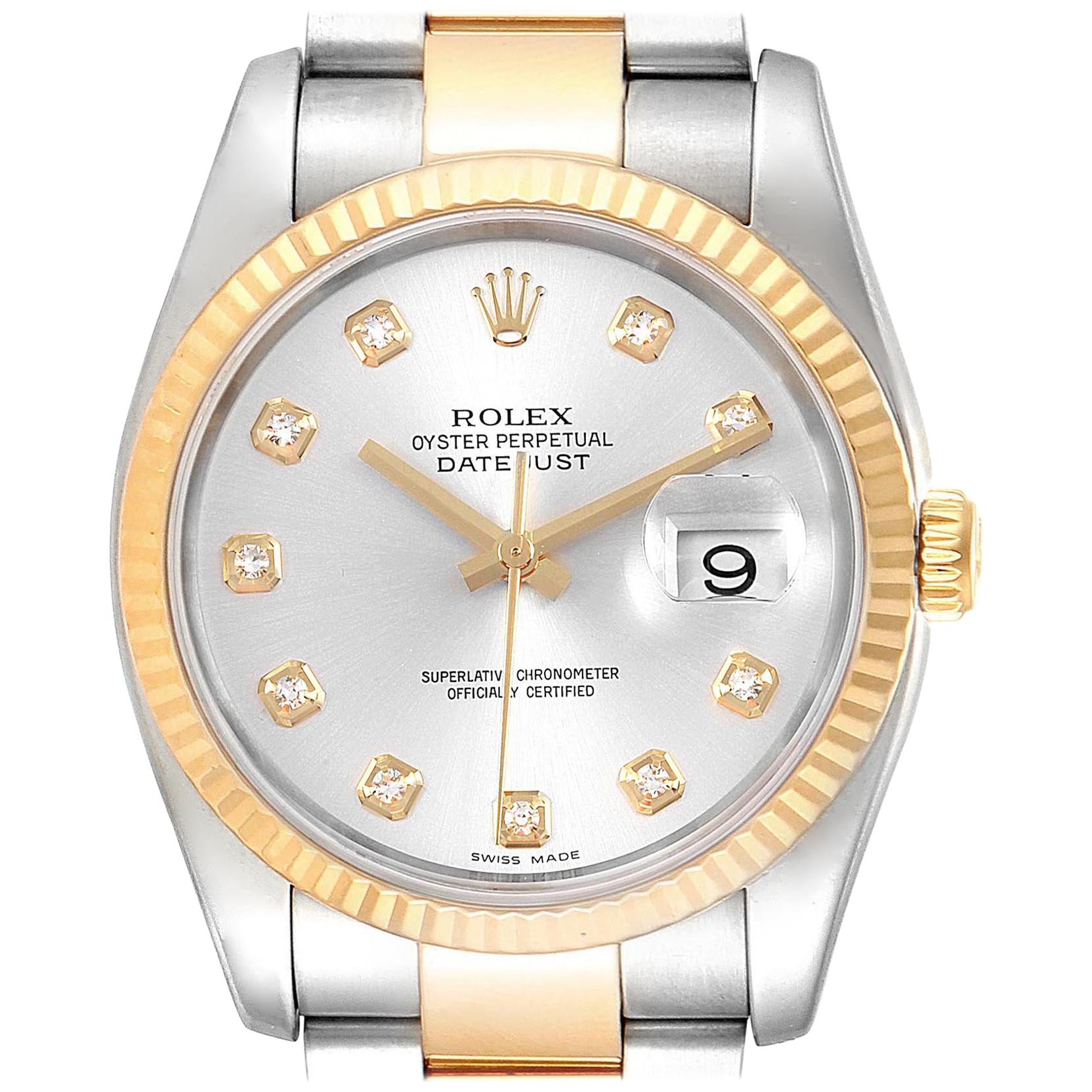 Rolex Datejust Steel Yellow Gold Silver Diamond Dial Men's Watch 116233