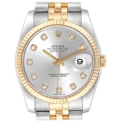 Rolex Datejust Steel Yellow Gold Silver Diamond Dial Men's Watch 116233