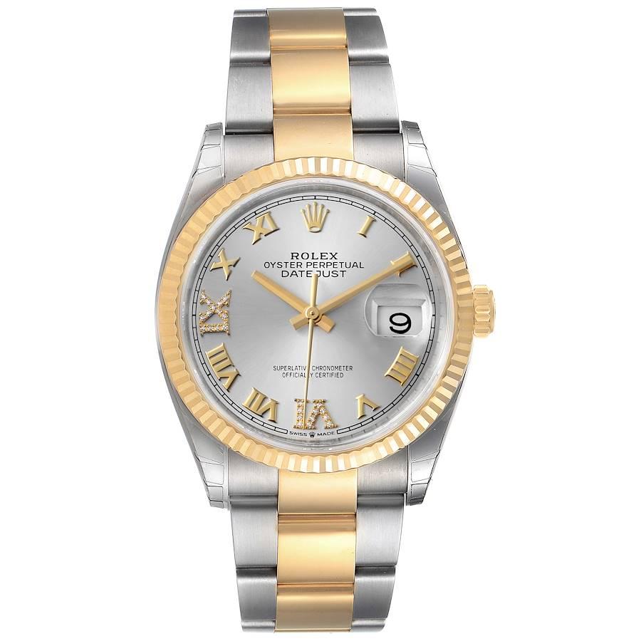 Rolex Datejust Steel Yellow Gold Silver Diamond Dial Mens Watch 126233 Unworn. Officially certified chronometer self-winding movement. Stainless steel and 18K yellow gold oyster case 36.0 mm in diameter. Rolex logo on 18K yellow gold crown. 18k
