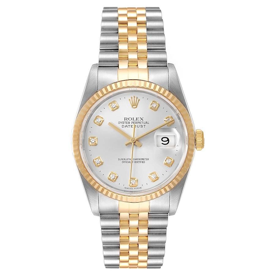 Rolex Datejust Steel Yellow Gold Silver Diamond Dial Mens Watch 16233. Officially certified chronometer self-winding movement. Stainless steel case 36 mm in diameter. Rolex logo on a 18K yellow gold crown. 18k yellow gold fluted bezel. Scratch
