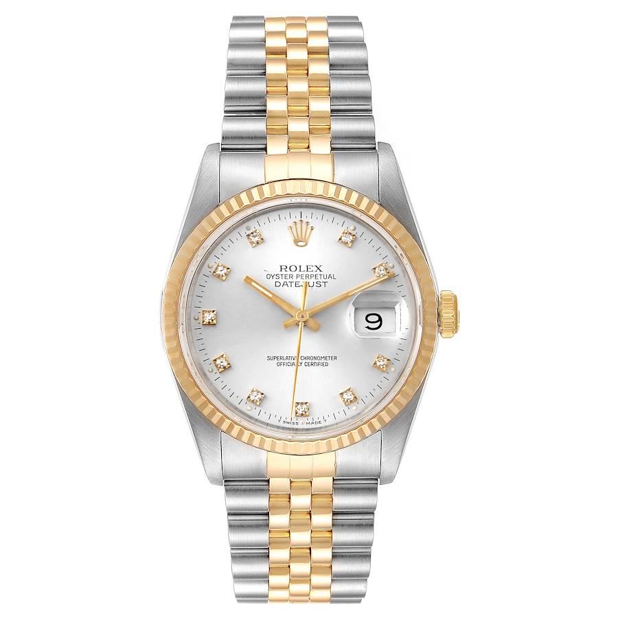 Rolex Datejust Steel Yellow Gold Silver Diamond Dial Mens Watch 16233. Officially certified chronometer self-winding movement. Stainless steel case 36 mm in diameter. Rolex logo on a 18K yellow gold crown. 18k yellow gold fluted bezel. Scratch